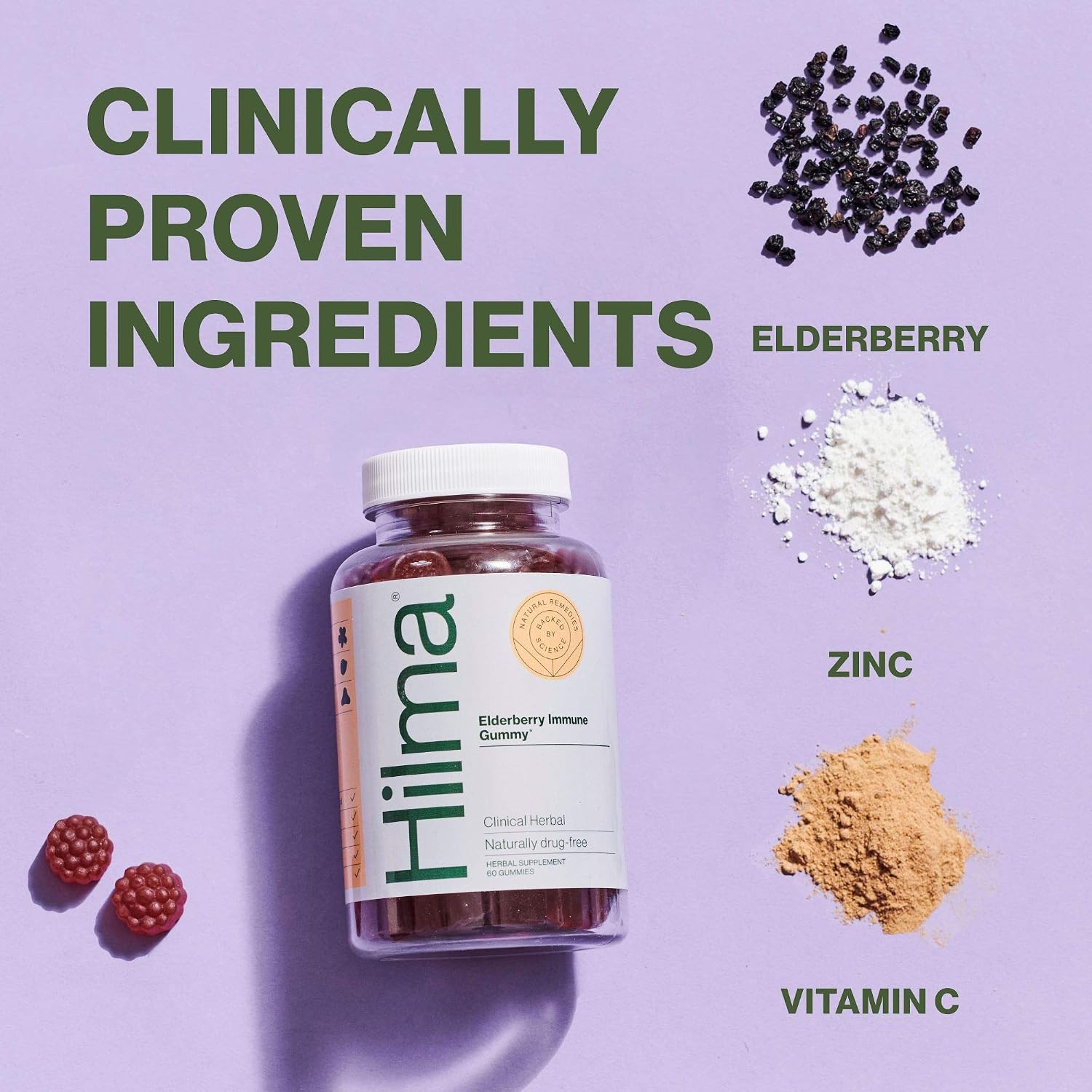 Hilma Elderberry Gummies with Zinc & Vitamin C - Natural, Vegan + Clinically Proven Ingredients - Immune Support + Antioxidants - Natural Berry Flavor (60 Gummies)