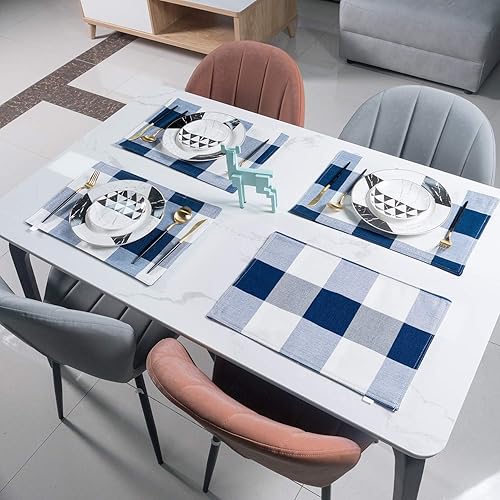 Miniatura 2 de Smile of hope Juego de 4 manteles individuales de lino de doble capa con diseño de búfalo azul y blanco de 12 x 18 pulgadas, impermeables,