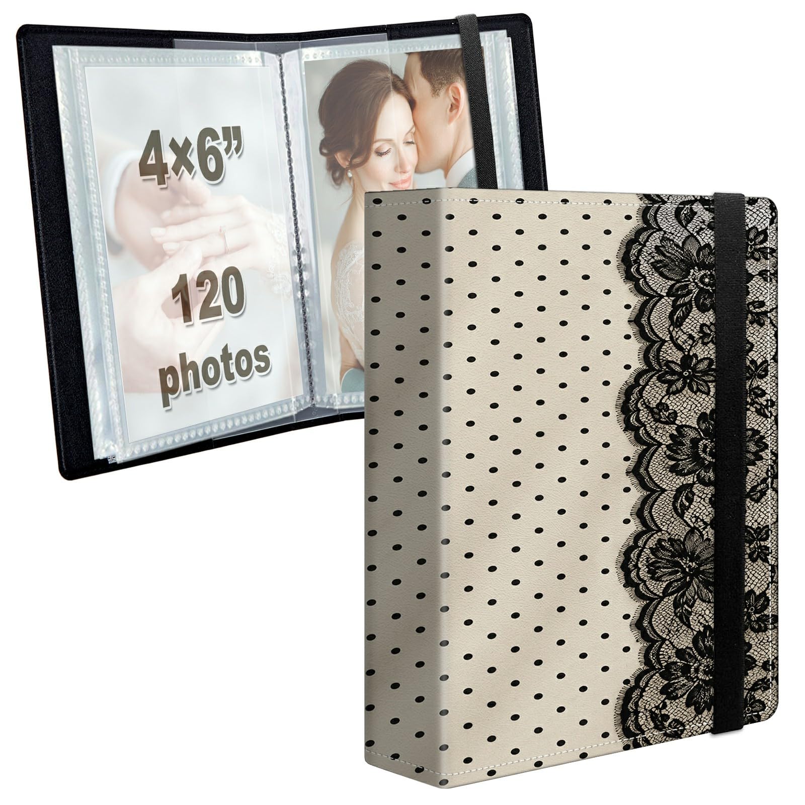 Photo Album 4x6 120 Photos with Strong Elastic Band, Ivory Lace Dots
