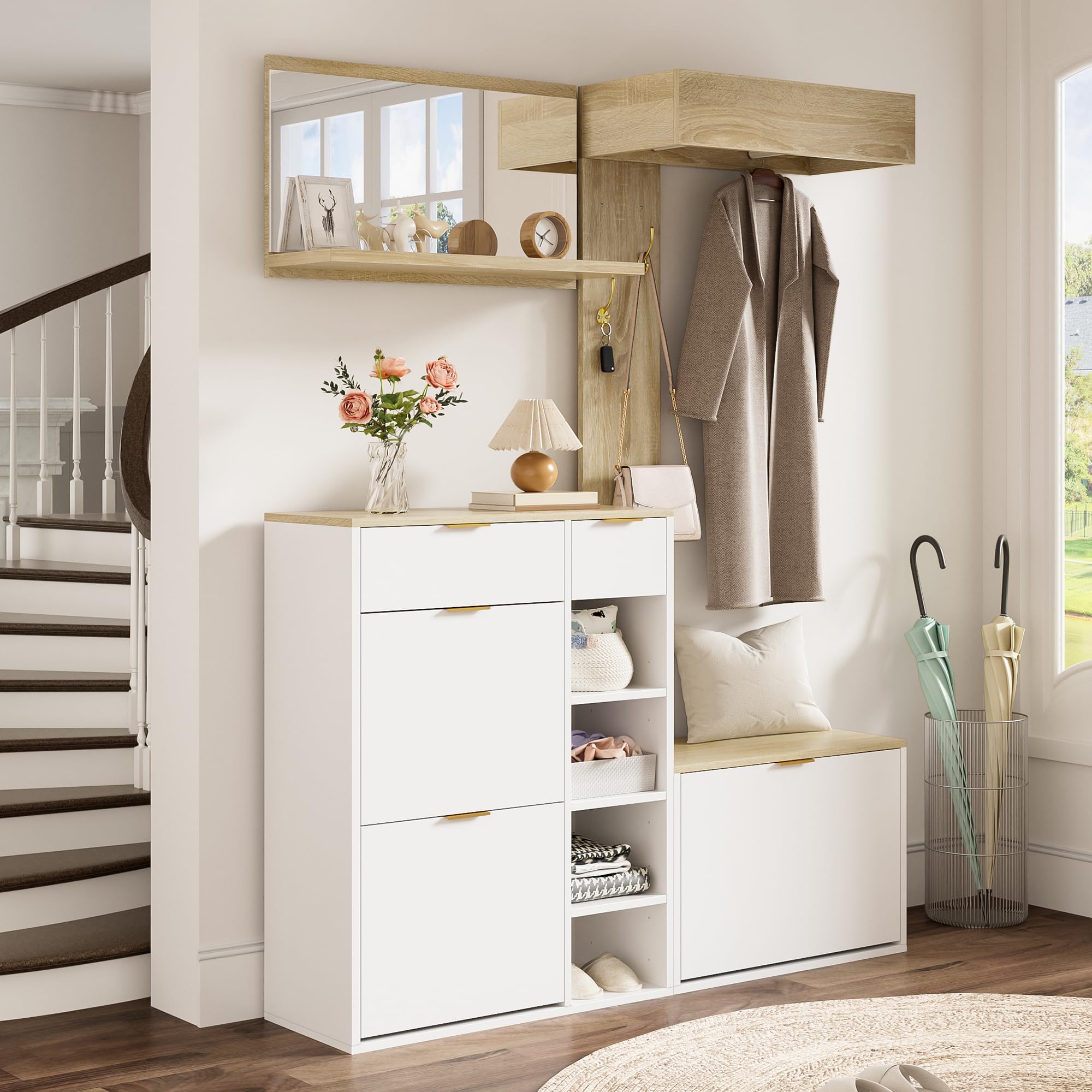 Conjunto de Recibidor de Entrada con Espejo y Ganchos, Perchero de Pared con Banco Zapatero, Juego de Mueble Recibidor con Cajones y Espacio de Almacenamiento, 174x130x30 cm, Natural + Blanco