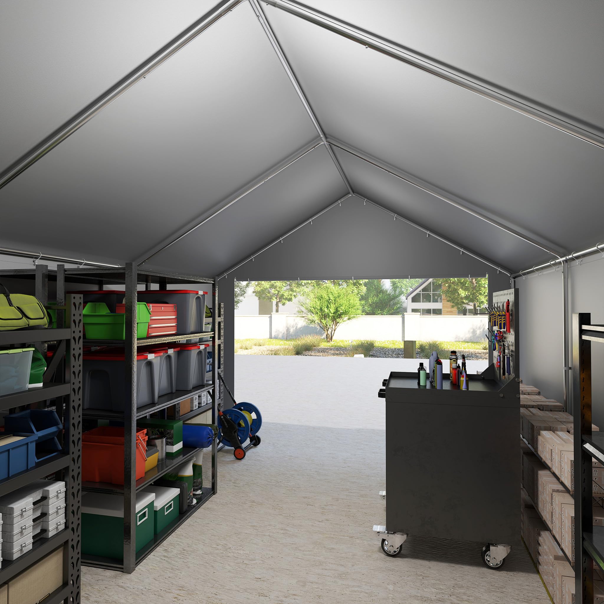 UISEBRT Tenda da magazzino, 4 x 6 m, impermeabile, con robusto telone in PE e telaio in acciaio, ideale come garage per attrezzi, attrezzi da giardino, pallet (grigio)