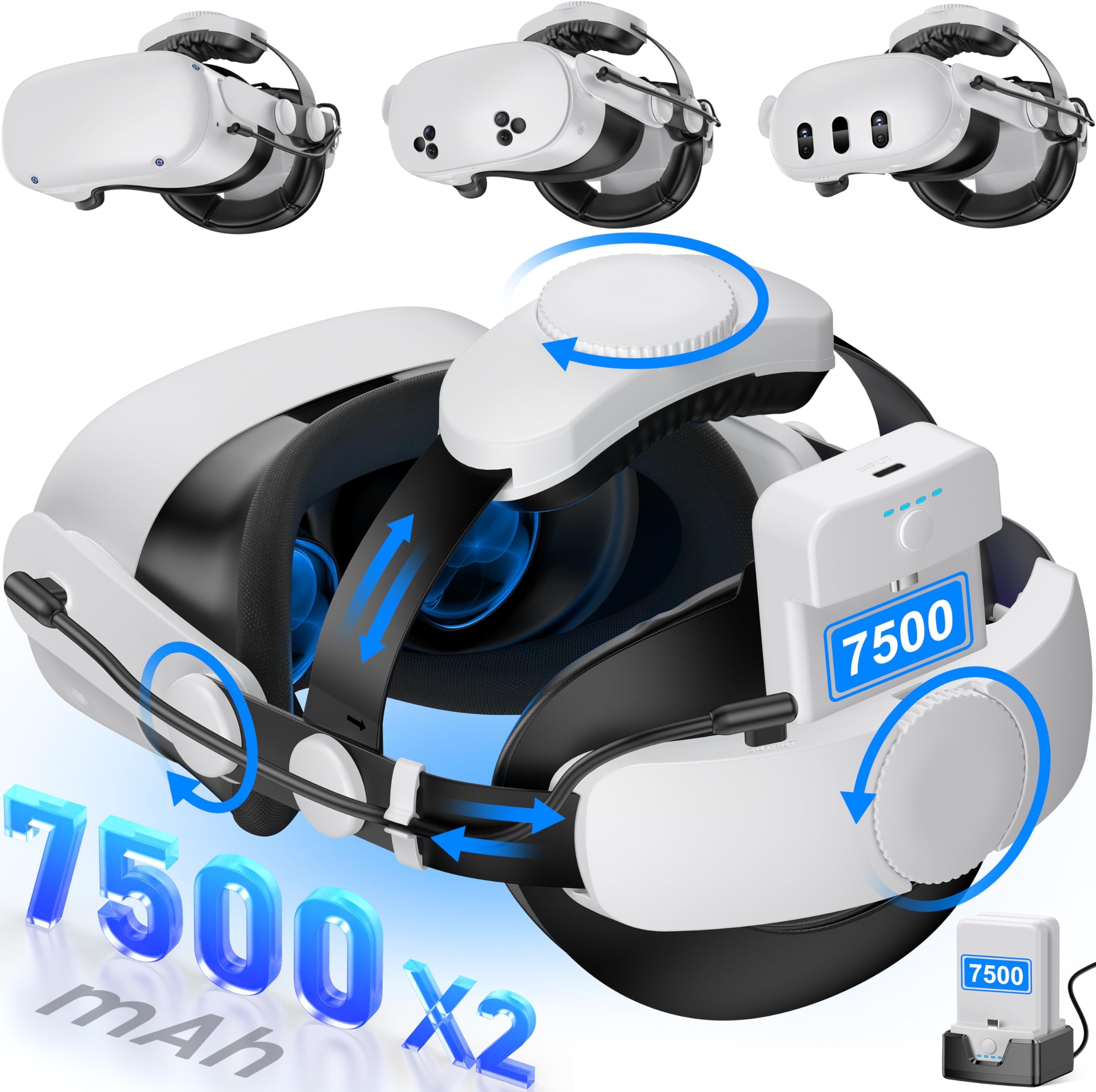 - Kawaye for Meta Quest 3S/3/2 Head Strap with 15000mAh (7500 x 2) Hot-Swap Batteries for 6-8H Playtime,Adjustable VR Headset Strap with Large Support Pad Enhanced Support Reduce Pressure-MQ2002