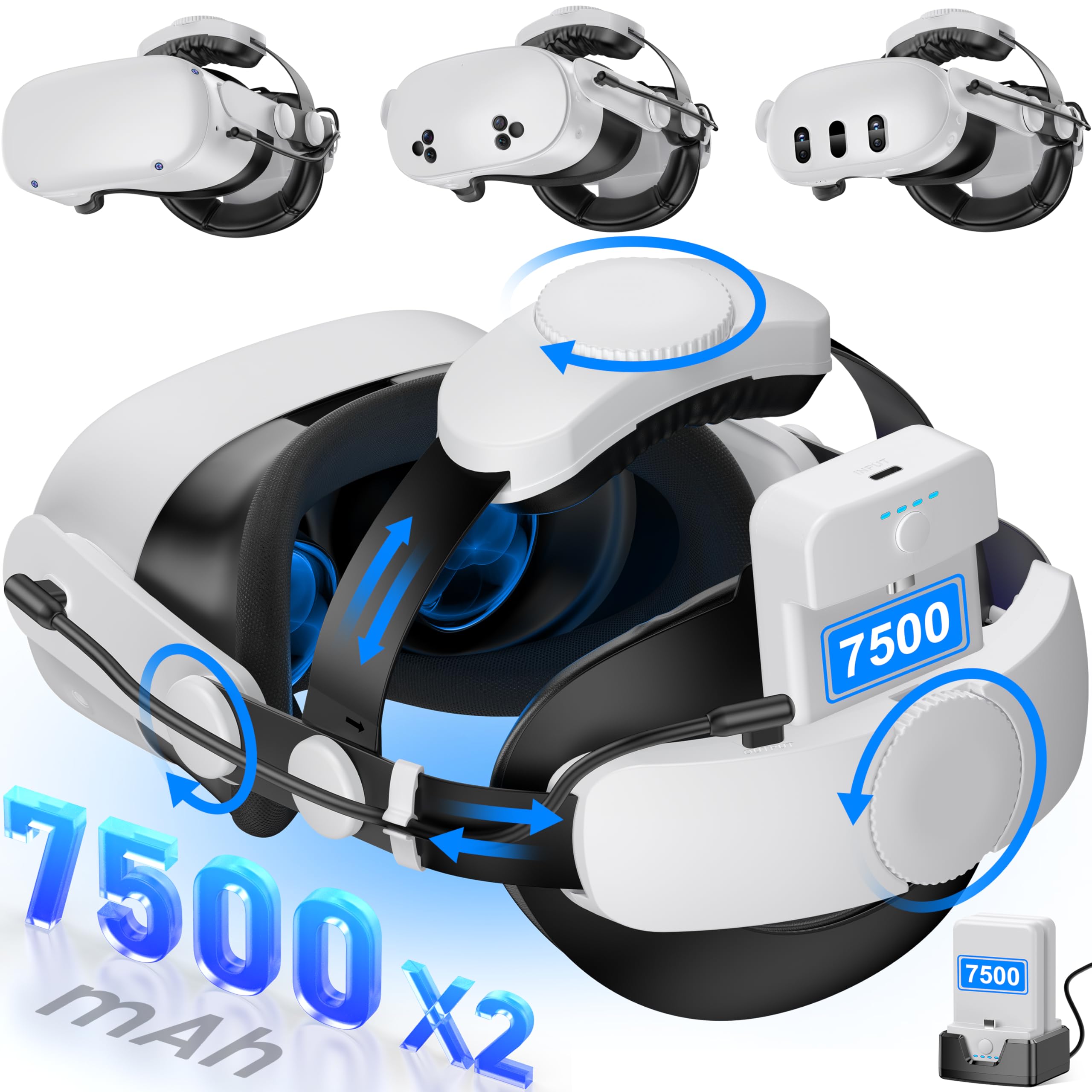 Kawaye for Meta Quest 3S/3/2 Head Strap with 15000mAh (7500 x 2) Hot-Swap Batteries for 6-8H Playtime,Adjustable VR Headset Strap with Large Support Pad Enhanced Support Reduce Pressure-MQ2002
