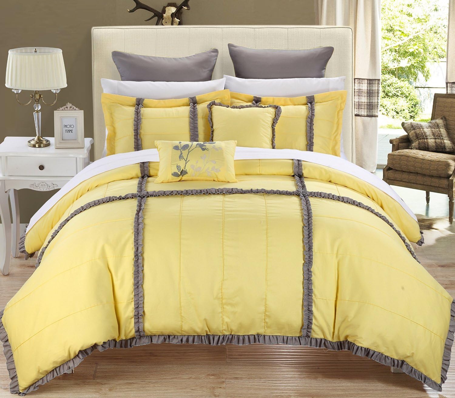Legend Yellow & Gray King 7 Piece Quilted Comforter Bed In