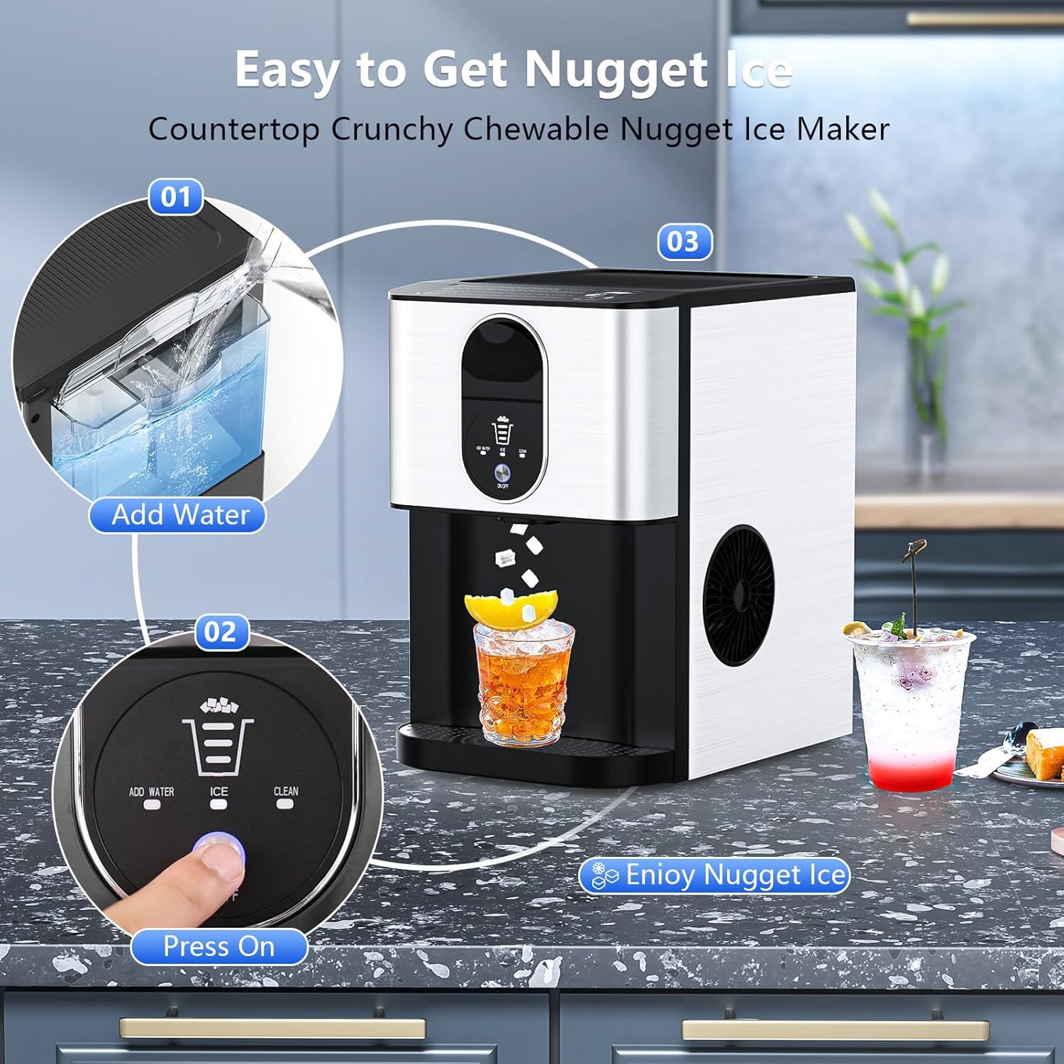 Nugget Ice Makers Countertop, 44lbs/24h Pellet Ice Maker With Ice Dispenser, Self-Cleaning, Water Reservoir, Soft Chewable Ice Maker Machine For Home/Kitchen/Office, Silver Stainless on Fridge.com - View 4