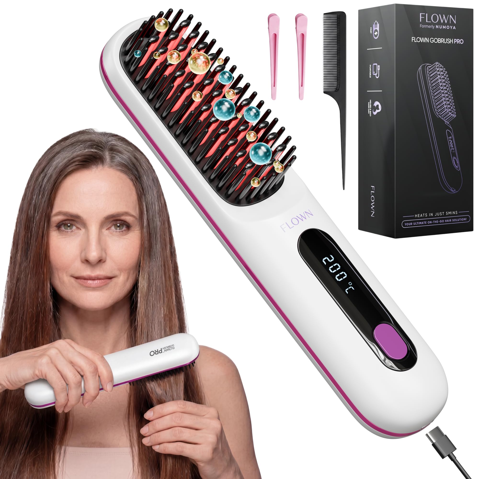 Photo 1 of Flown® Original Go Brush PRO - No Damage Heat Brush USB-C Charger (White)
