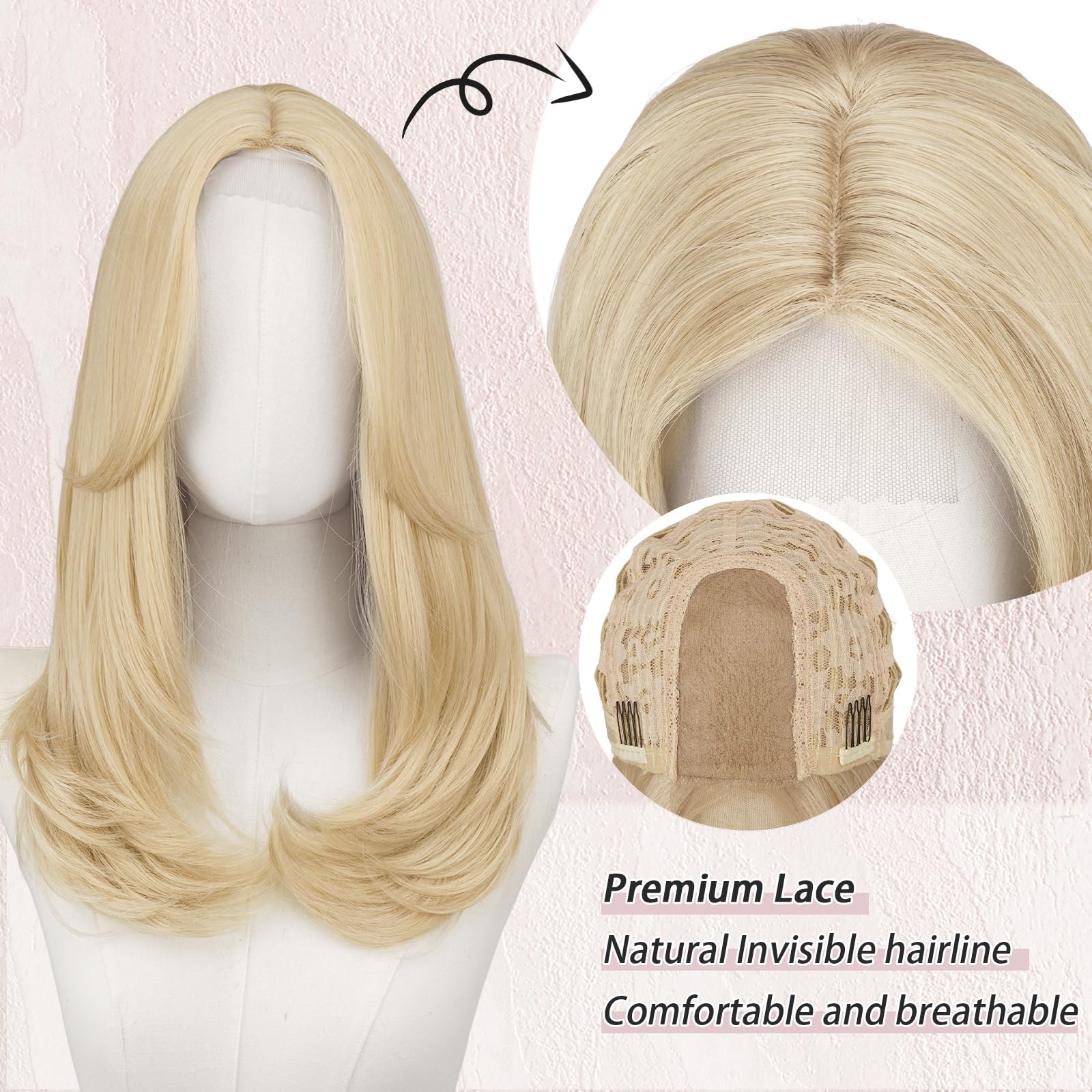 FESHFEN Lace Front Parrucca - Parrucca Donna con Frangia Natuaral Ondulata Biondo Platino Wigs Sintetici Lunga Parrucche per Quotidiano Carnevale Festa, 45 cm