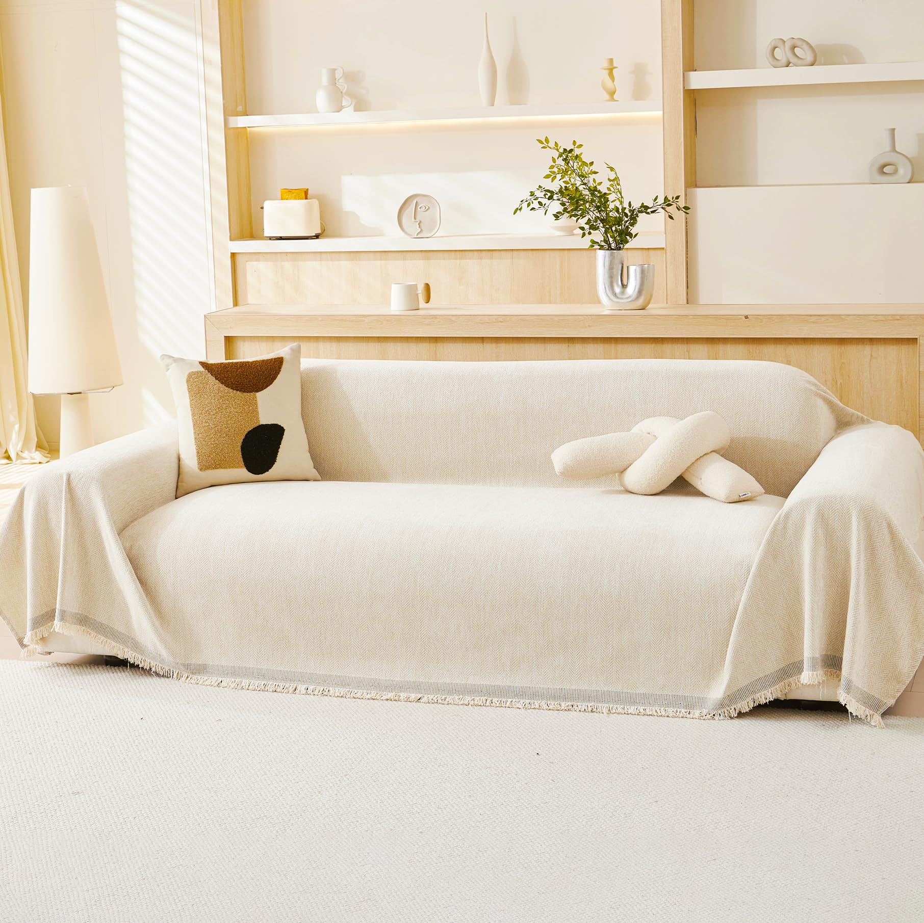 VANJOROY Manta grande 100 % chenilla natural para sofá de 2 y 3 plazas, manta extragrande para sofás, funda suave de lujo natural para silla, sofá y cama, beige crema, 180 x 300 cm