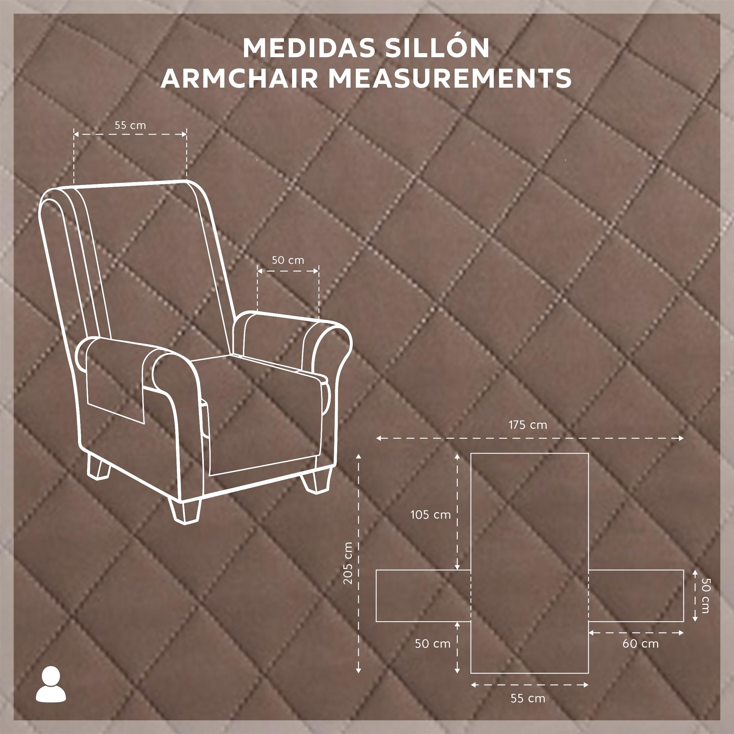 Textilhome Copridivano Malu 1 Posti con Braccioli – Copripoltrona Relax e Orecchioni Reversibile, Imbottito, Protezione Antigraffio per Divani, Colore Marrone