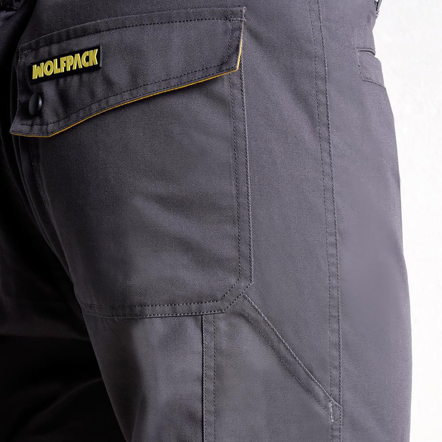 Wolfpack Linea Profesional Pantalones Largos DeTrabajo, Multibolsillos, Resistentes, Rodilla Reforzada, Gris/Amarillo Talla 50/52 XL