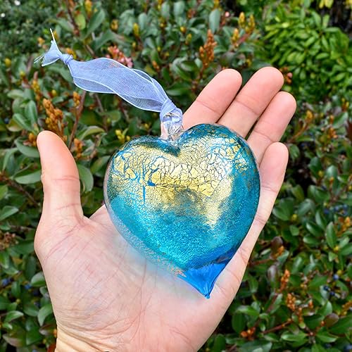 Miniatura 2 de Handmade Murano Glass Heart Ornament, Turquoise, 3.5" x 3", Made in Italy