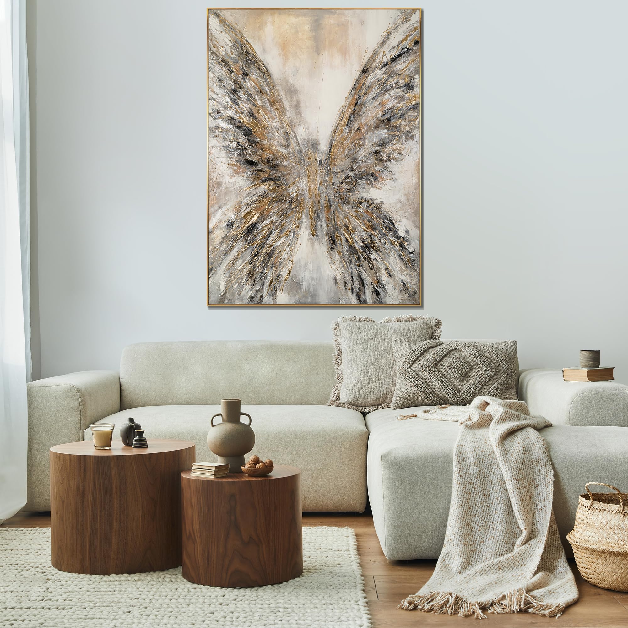 YS-Art Luxus Abstrakt Acryl Gemälde auf Leinwand goldene Flügel handgemalt Wohnzimmer Wandbild modern Wohndekor echtes Kunstwerk 120x80 cm