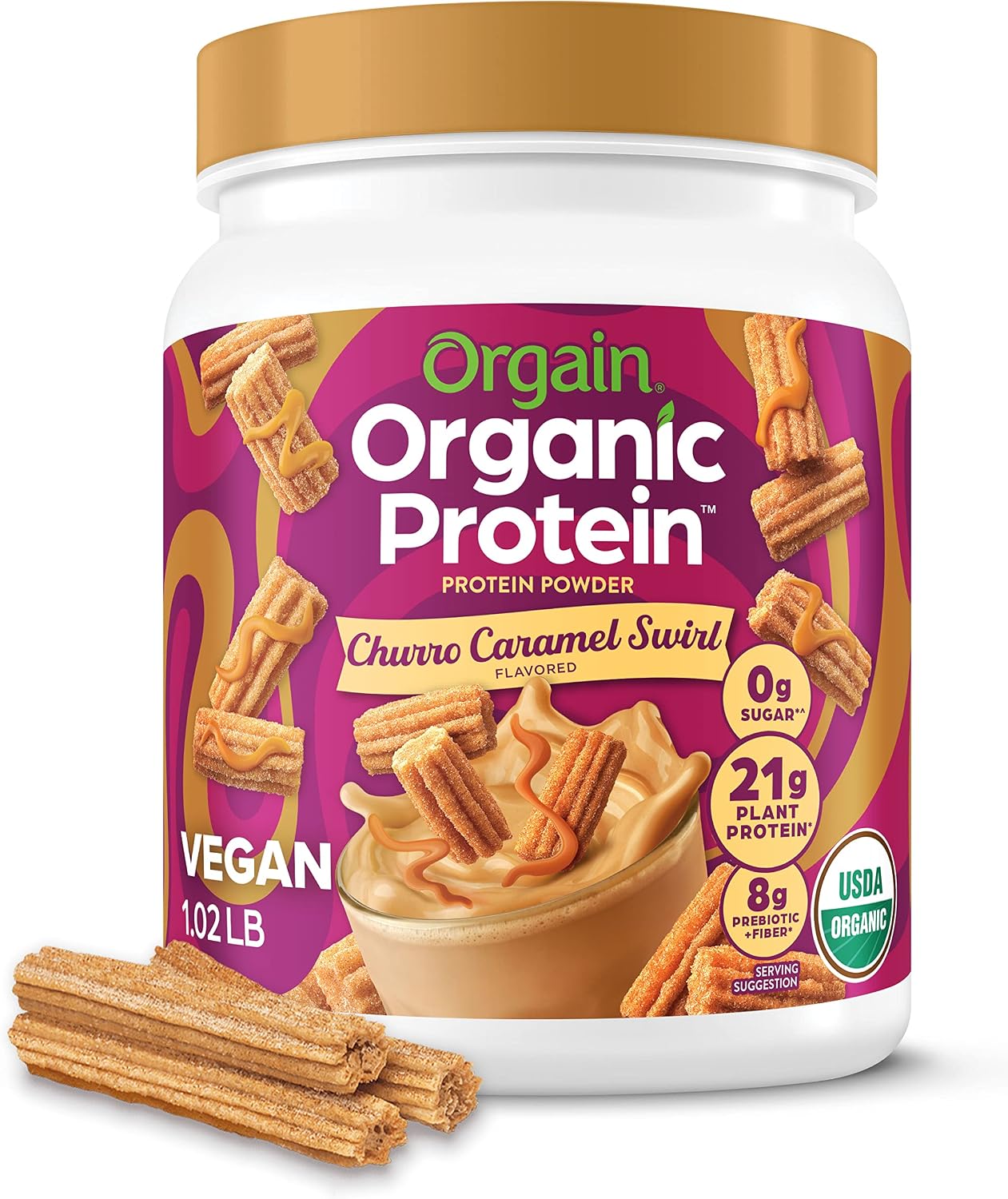 Orgain Organic Vegan Protein Powder, Churro Caramel Swirl, 1.02 lb - Churro Caramel Swirl flavor protein powder by Orgain
