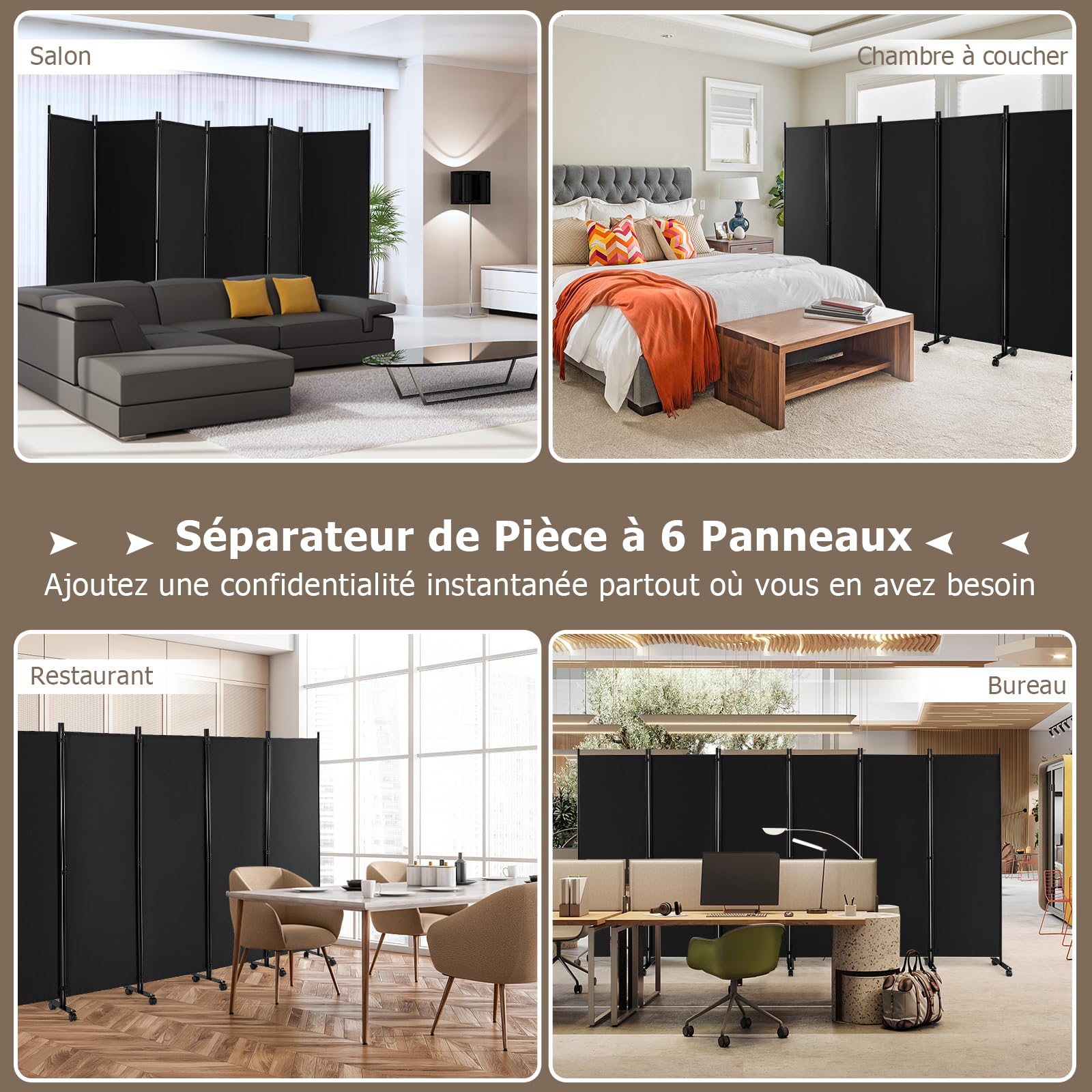 GIANTEX Paravent Intérieur à 6 Panneaux, Separateur de Pieces sur roulettes, 334,5 x 172 cm, Paravent Pliable avec Pieds Larges, Cloison de Séparation, Protection privée (Noir)
