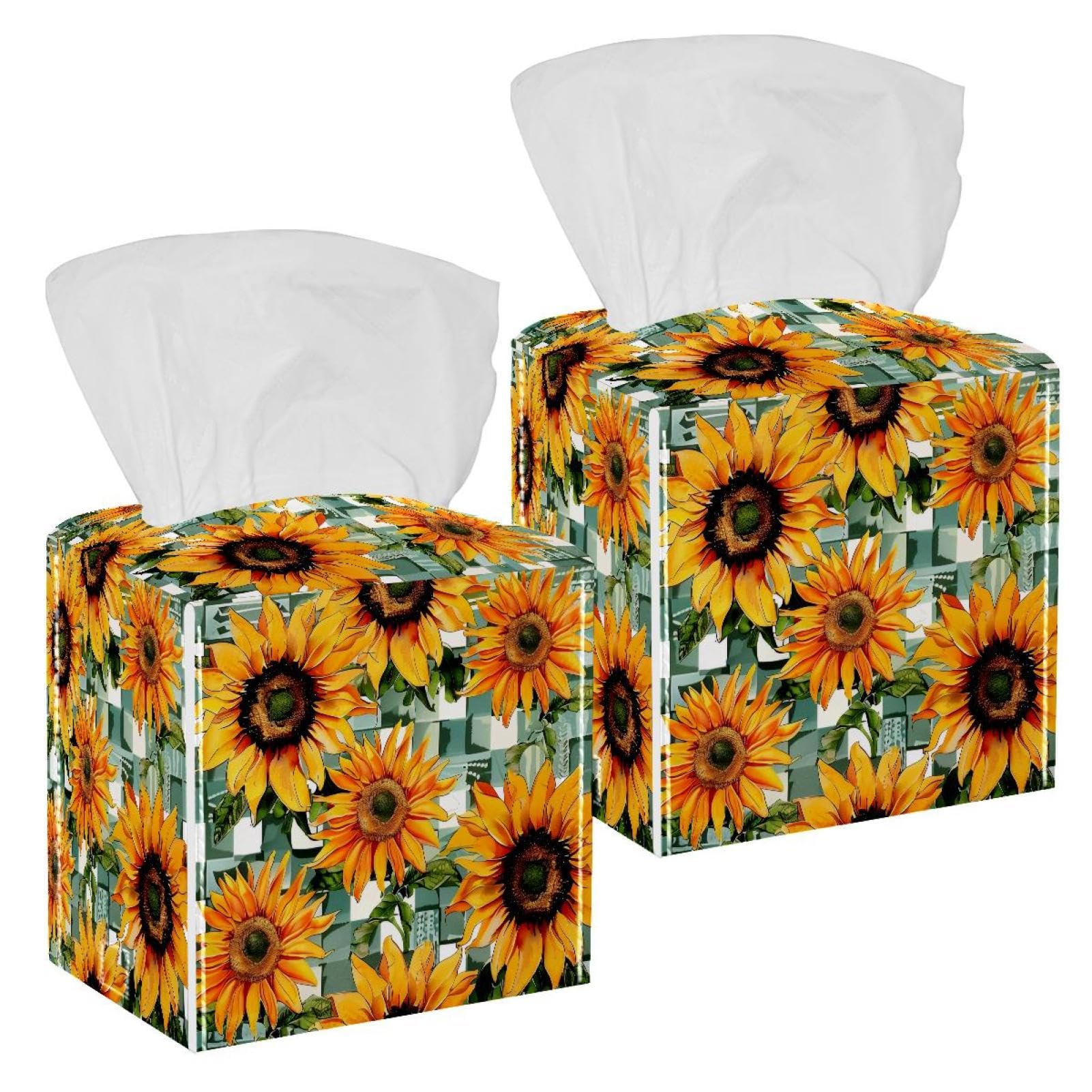 Sunflower Tissue Box Cover, 2 Pack PU Leather Square Facial Tissue Dispenser Box holder for Home Office Car