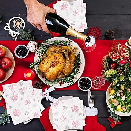 Miniatura 6 de Servilletas de invierno con copos de nieve para decoración de fiesta, decoración de invierno, copos de nieve, rosa, blanco, tema, de papel,