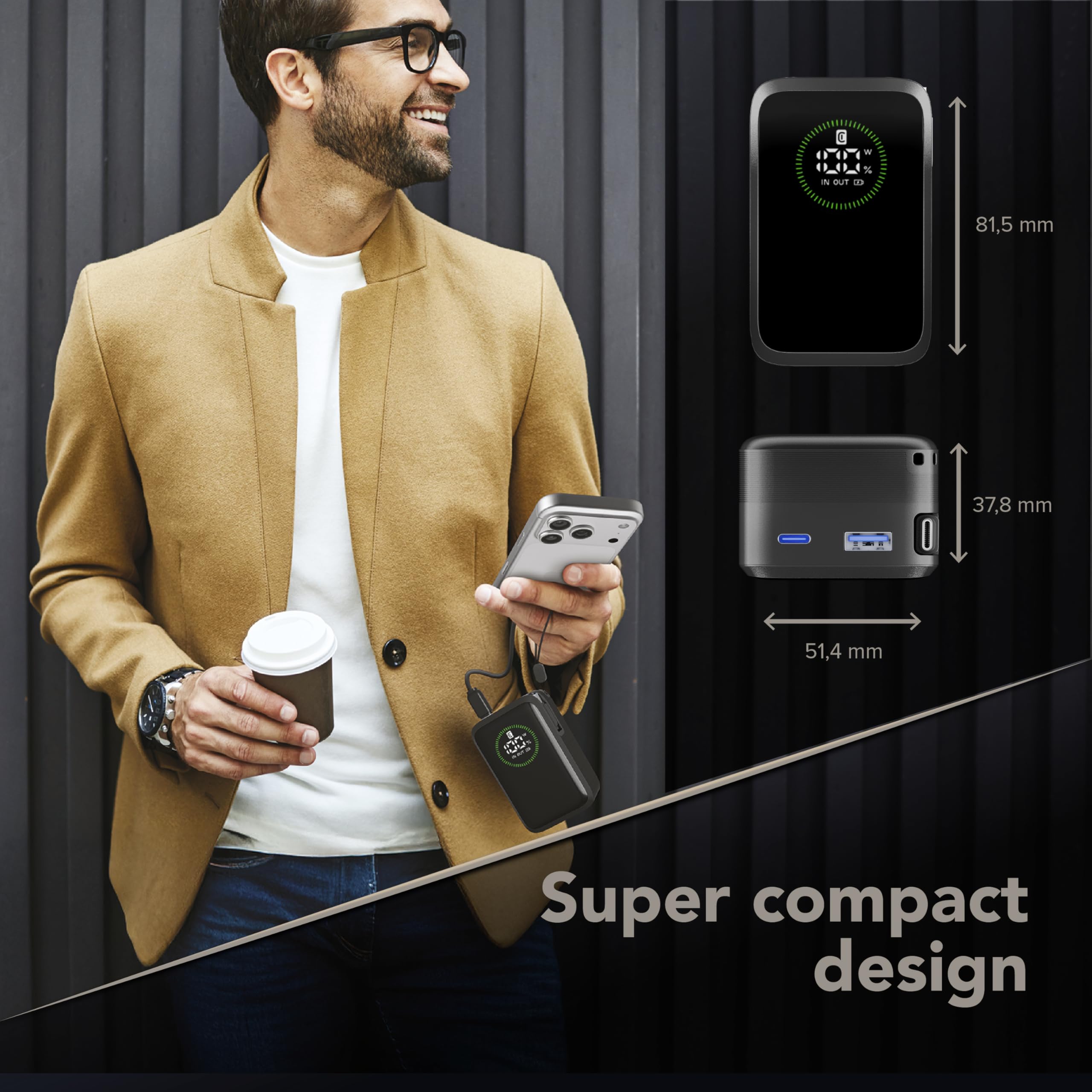 Cellularline Powerbank Roller 10.000 mAh mit 45 W Schnellladefunktion, integriertem 70 cm USB-C-Kabel, LCD-Display, DREI Anschlüssen und Trageschlaufe Schwarz