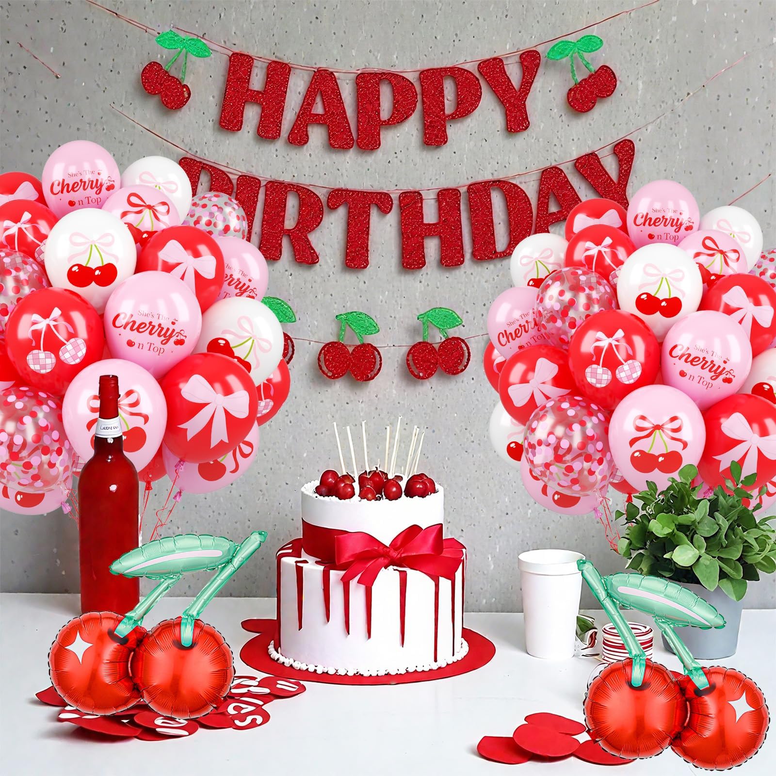 Kirschballons, Rot Rosa Weiß Konfetti Latexballons mit Kirschfolienballon für Mädchen Geburtstag Babyparty Hochzeit Obst Party Dekorationen
