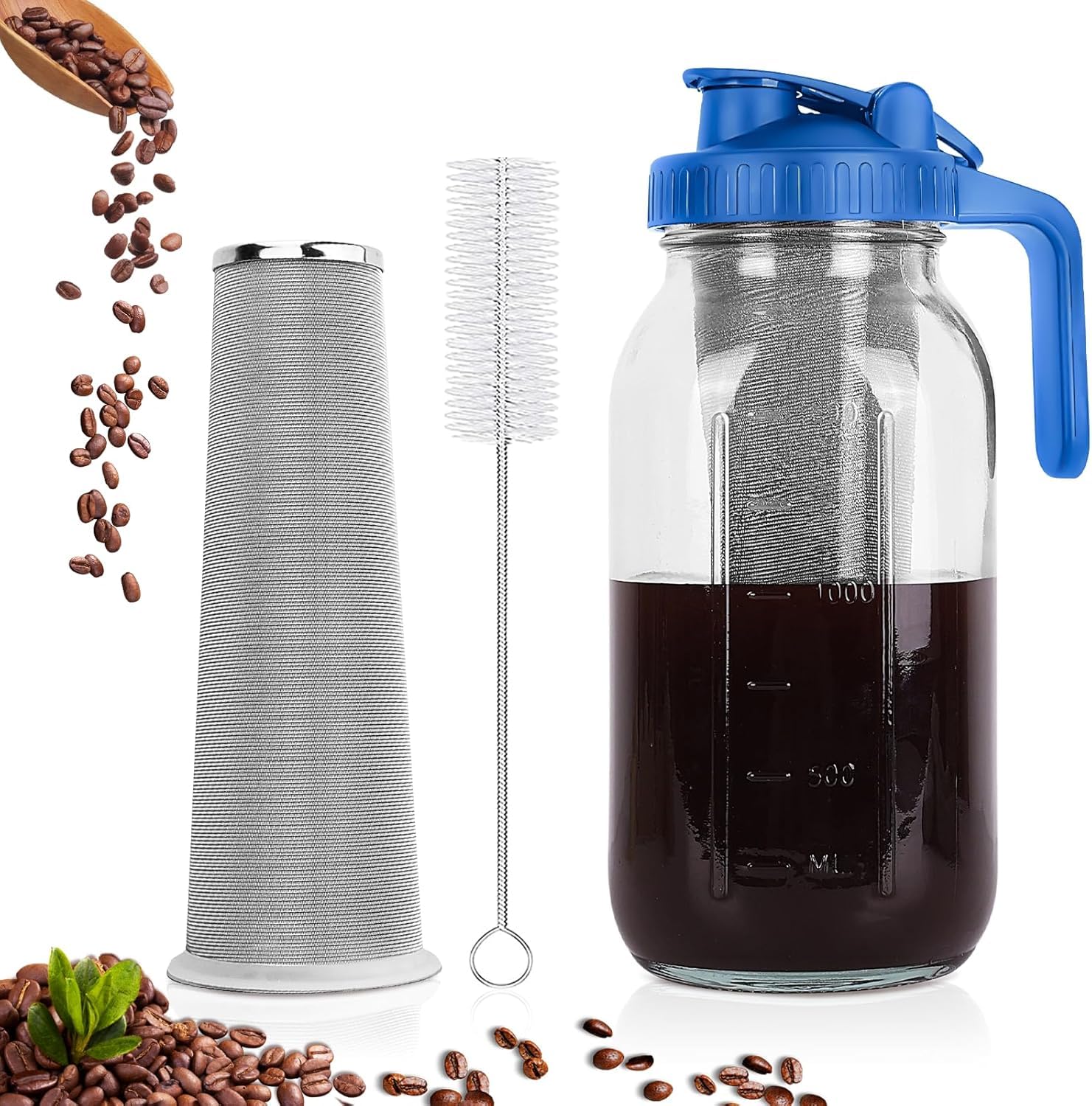 Cold Brew zaparzacz do kawy, 1,8 l, Cold Brew Coffee Maker, pokrywka z uchwytem i filtrem ze stali nierdzewnej, zaparzacz do kawy i herbaty na zimno (niebieski)