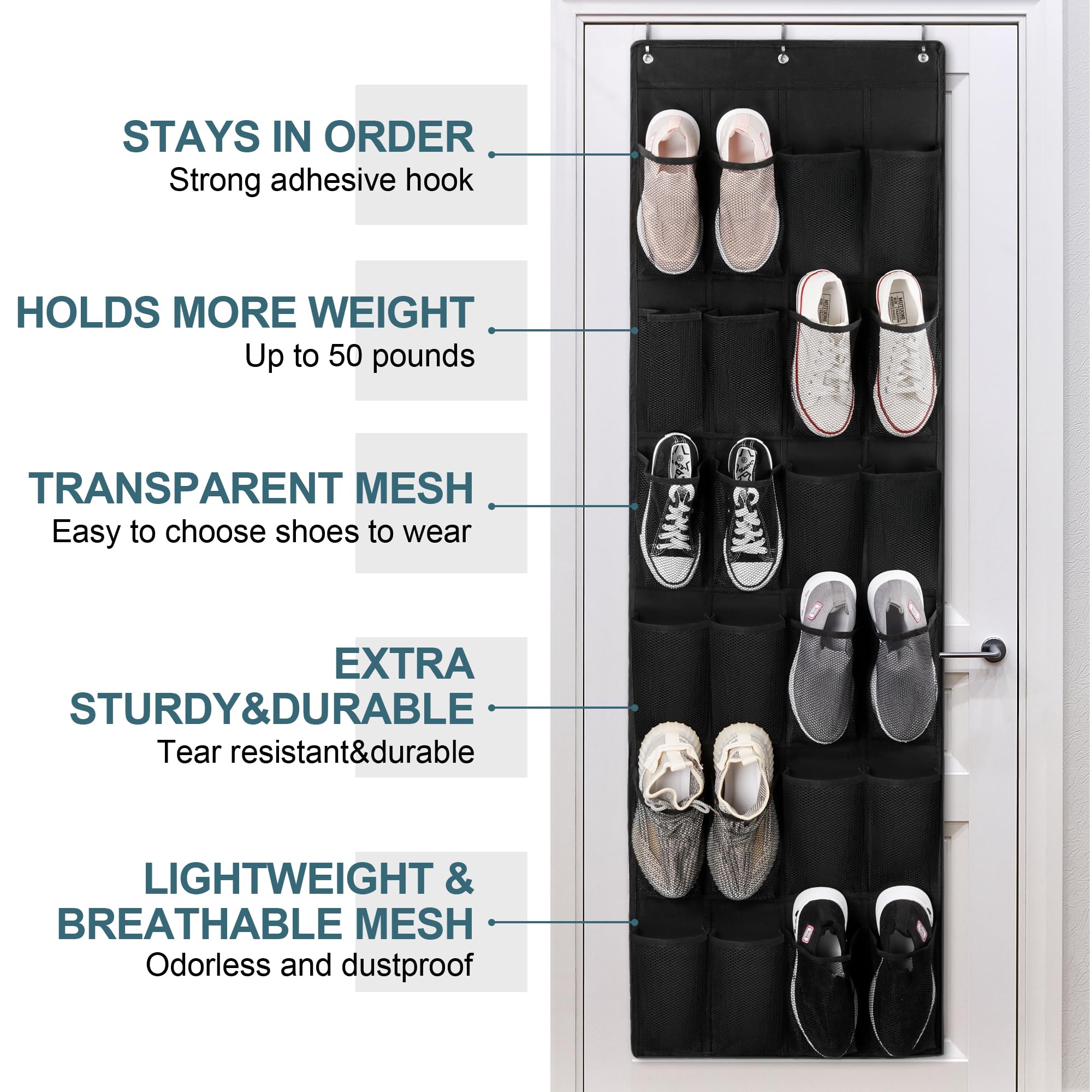 Organizador de zapatos para colgar sobre la puerta con 24 bolsillos grandes, armarios para colgar soluciones mejoradas, armarios de zapatos para todos