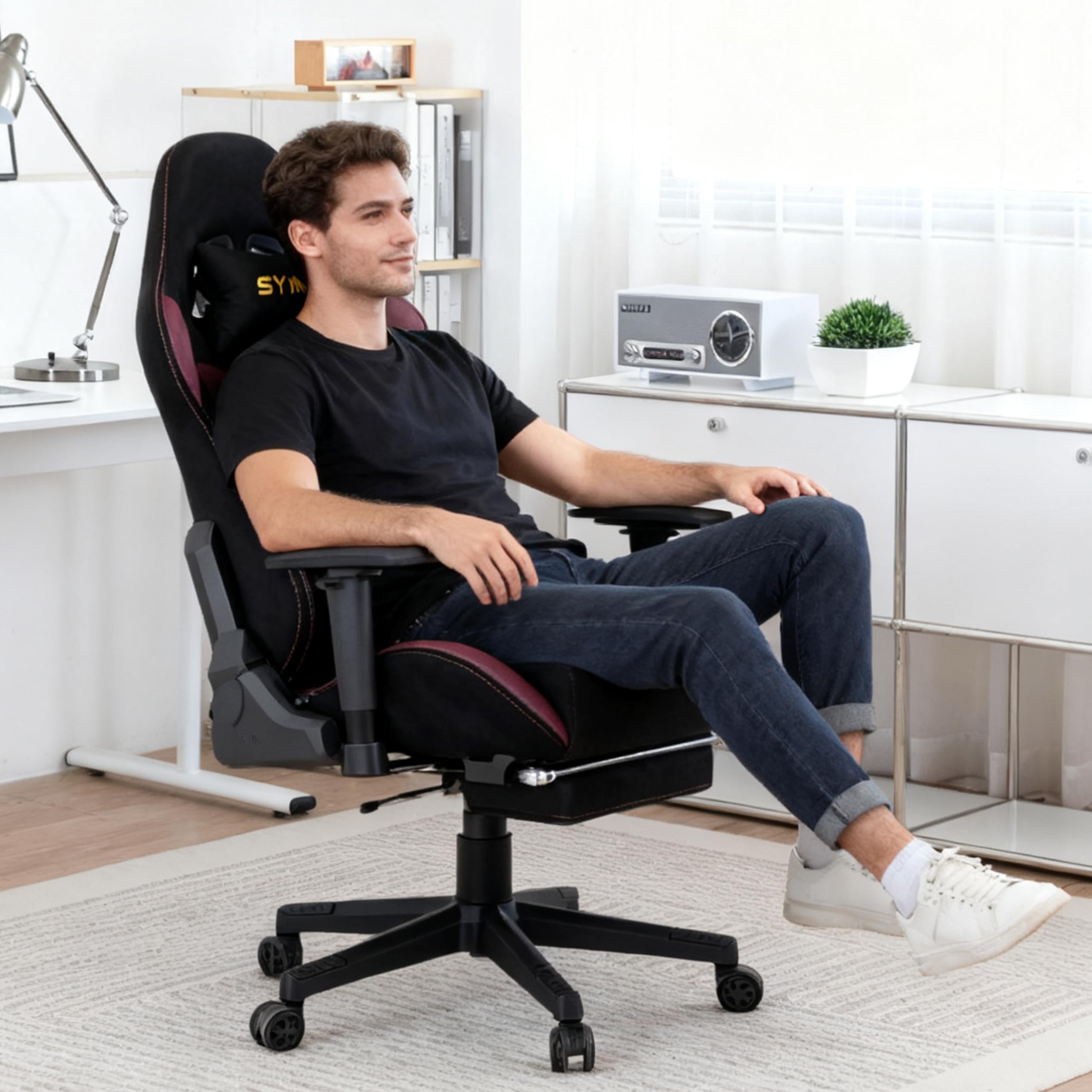 Symino Sedia da gioco ergonomica e poltrona gamer con poggiapiedi telescopico, cuscino a molle, supporto lombare e altezza regolabile 200 kg