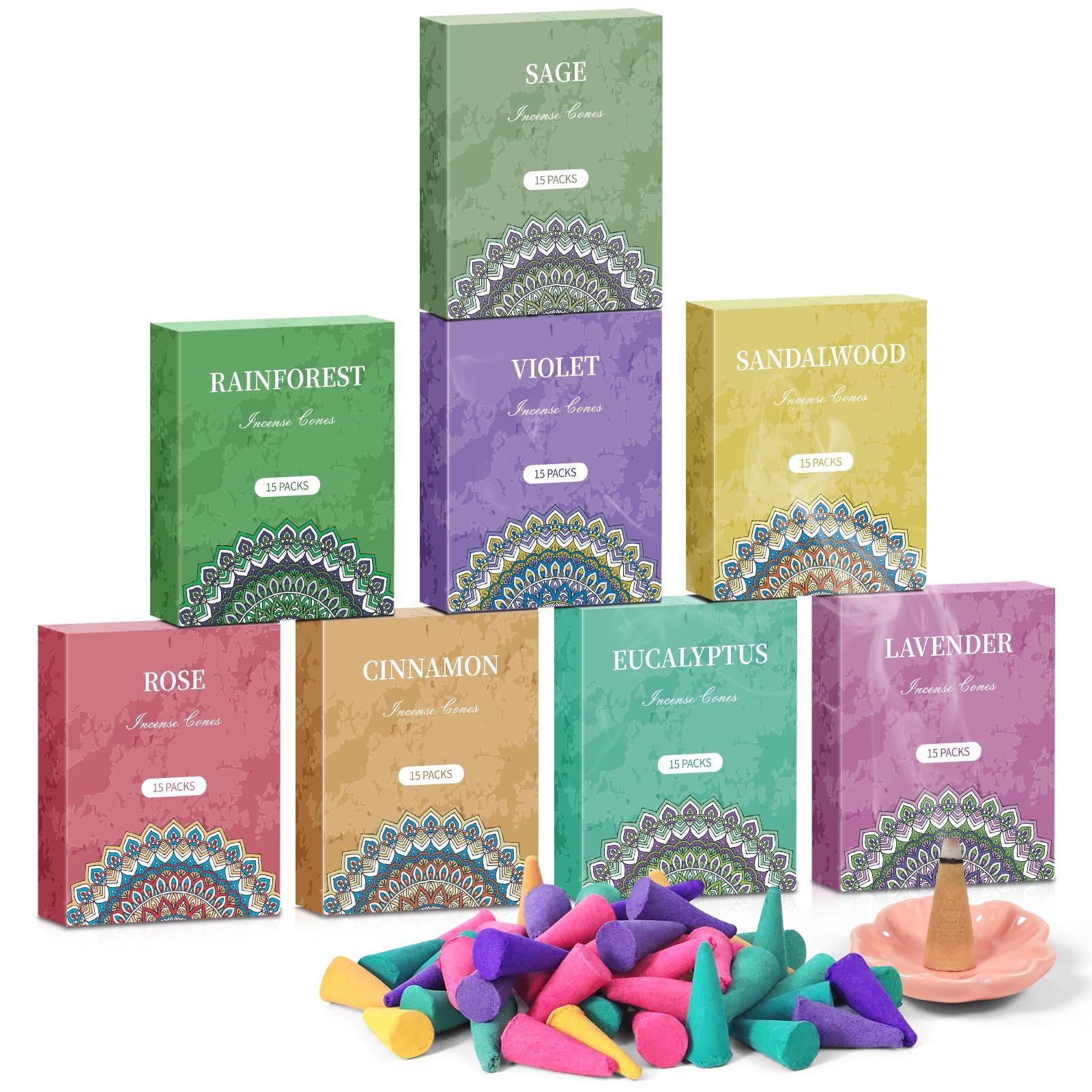 DERDUFT Incense Cones 120 Pack with Incense Holder for Home Yoga Meditation
