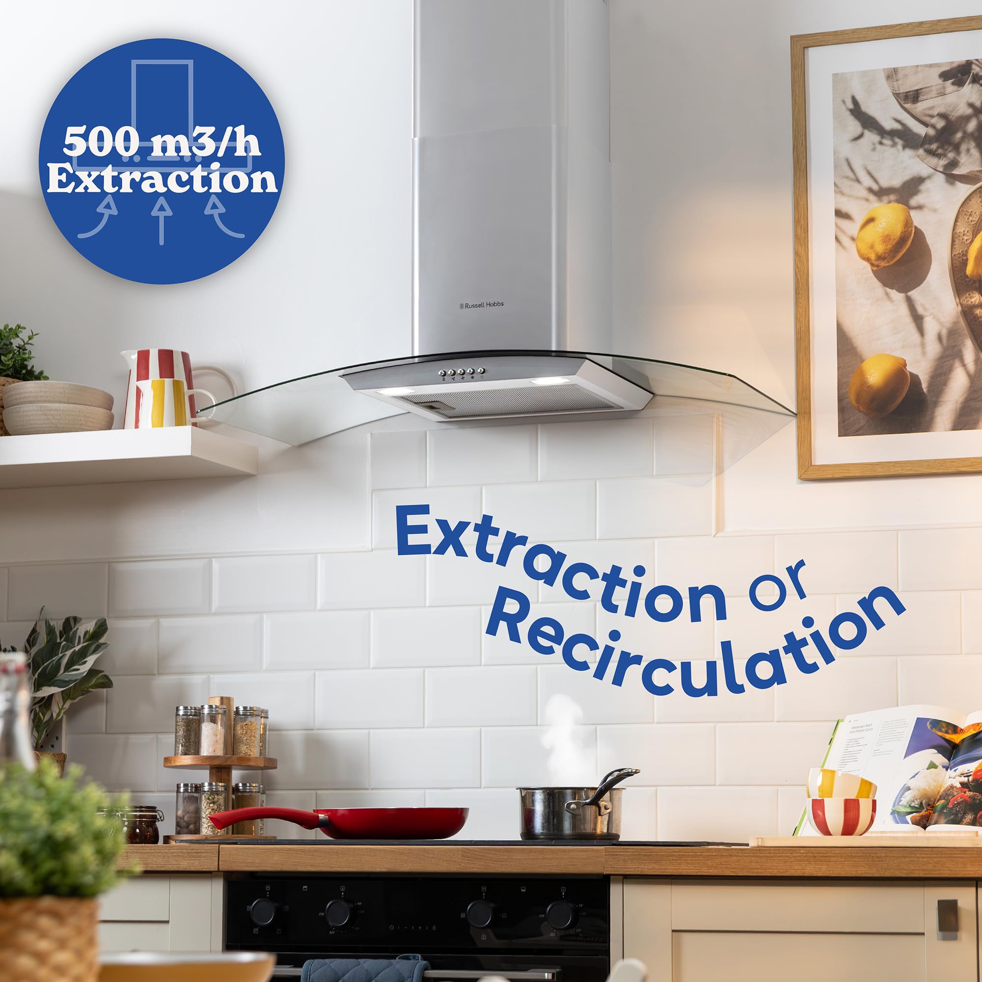 Russell Hobbs 90cm Curved Glass Cooker Hood in Stainless Steel with 3 Speed Settings, 1 x Carbon Filter, Extraction or Recirculation, 500m³/h Extraction Rate, A+ Energy Rating, RH90GCH92A1SS - 4