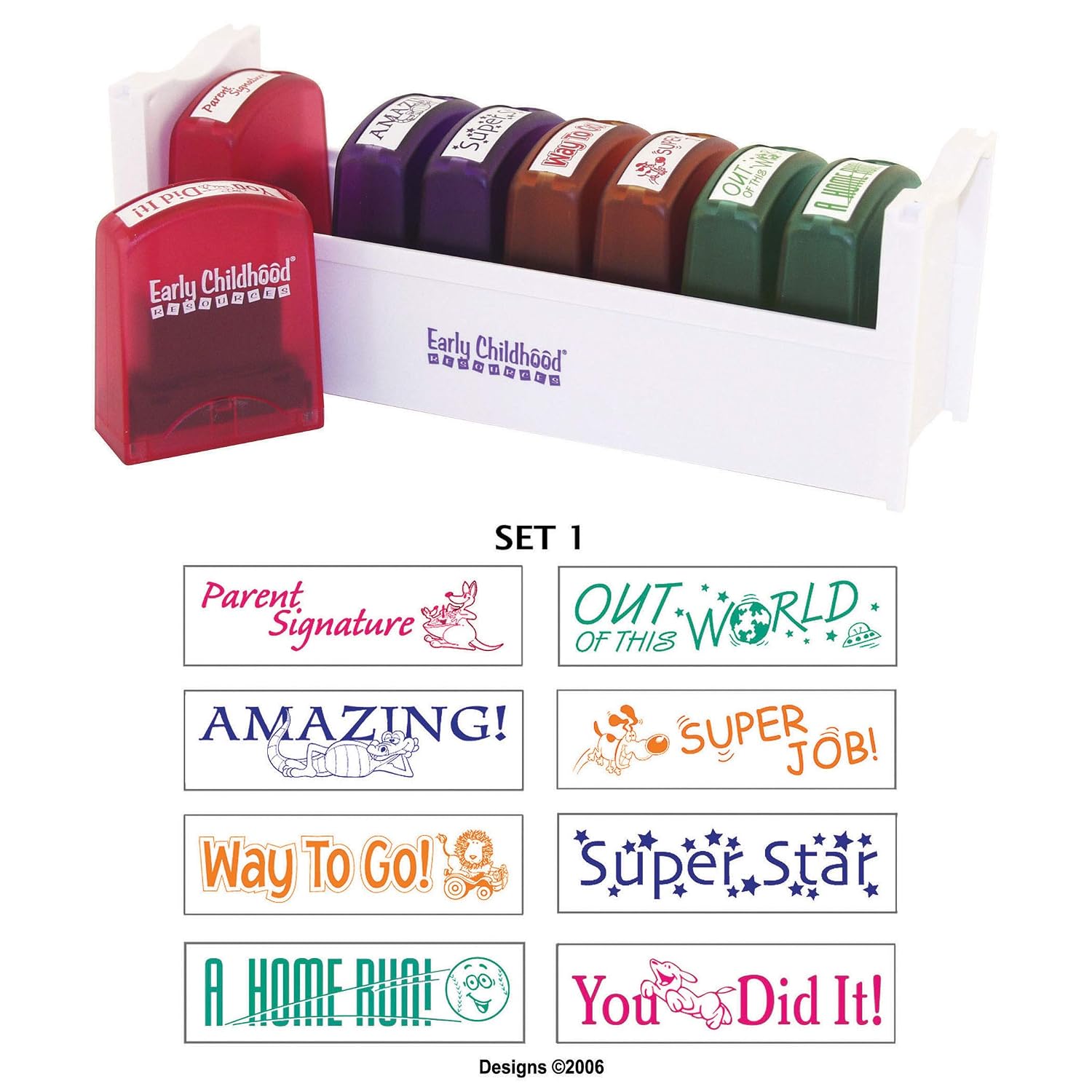 ECR4Kids Motivation Teacher Stamps - Mess-Free Self-Inking School Grading Stamp Set with Storage Tray (8-Piece Kit)