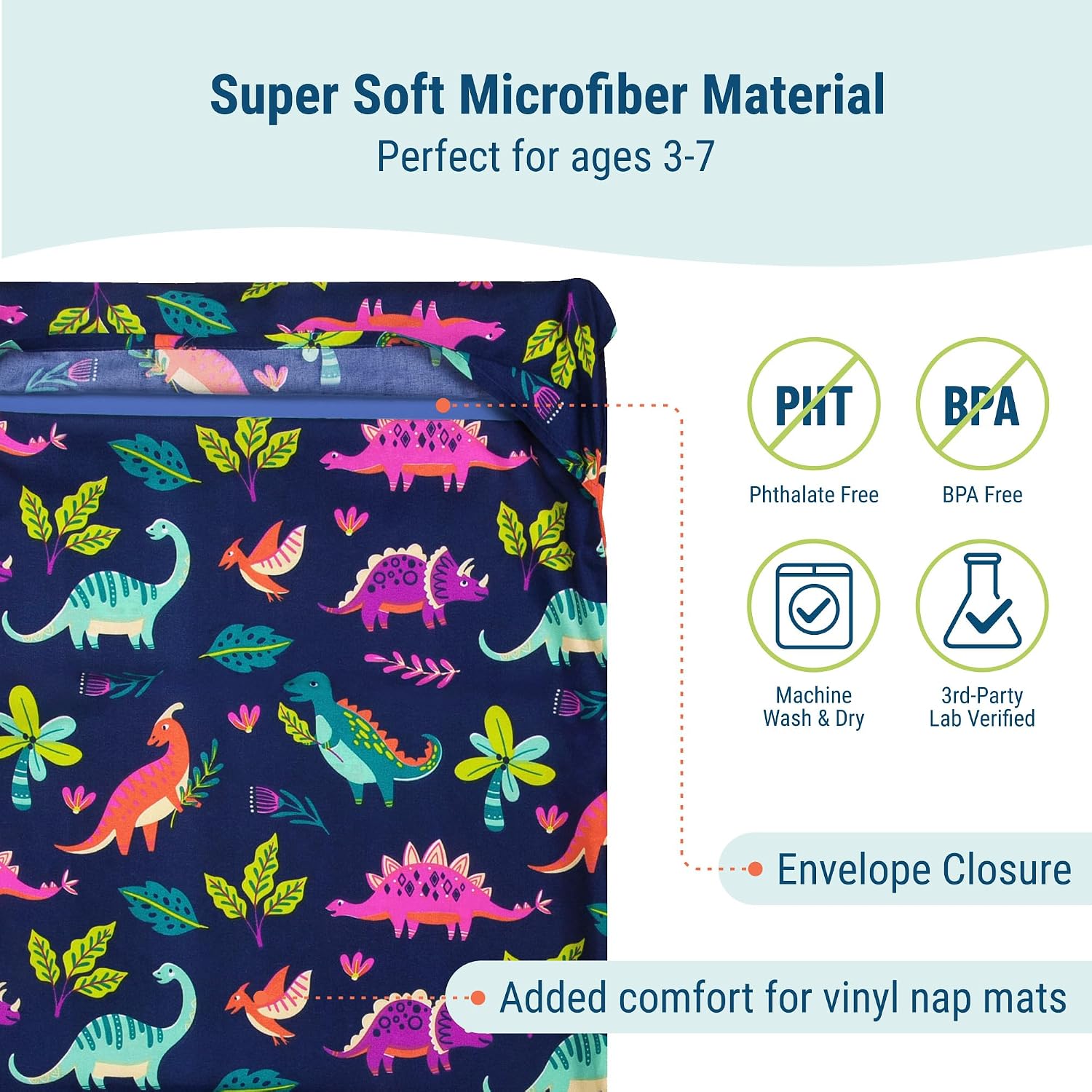 Wildkin Kids Microfiber Nap Mat Cover – Soft, Durable & Fits 1.5"" Vinyl Sleep Mats - Dino Pals