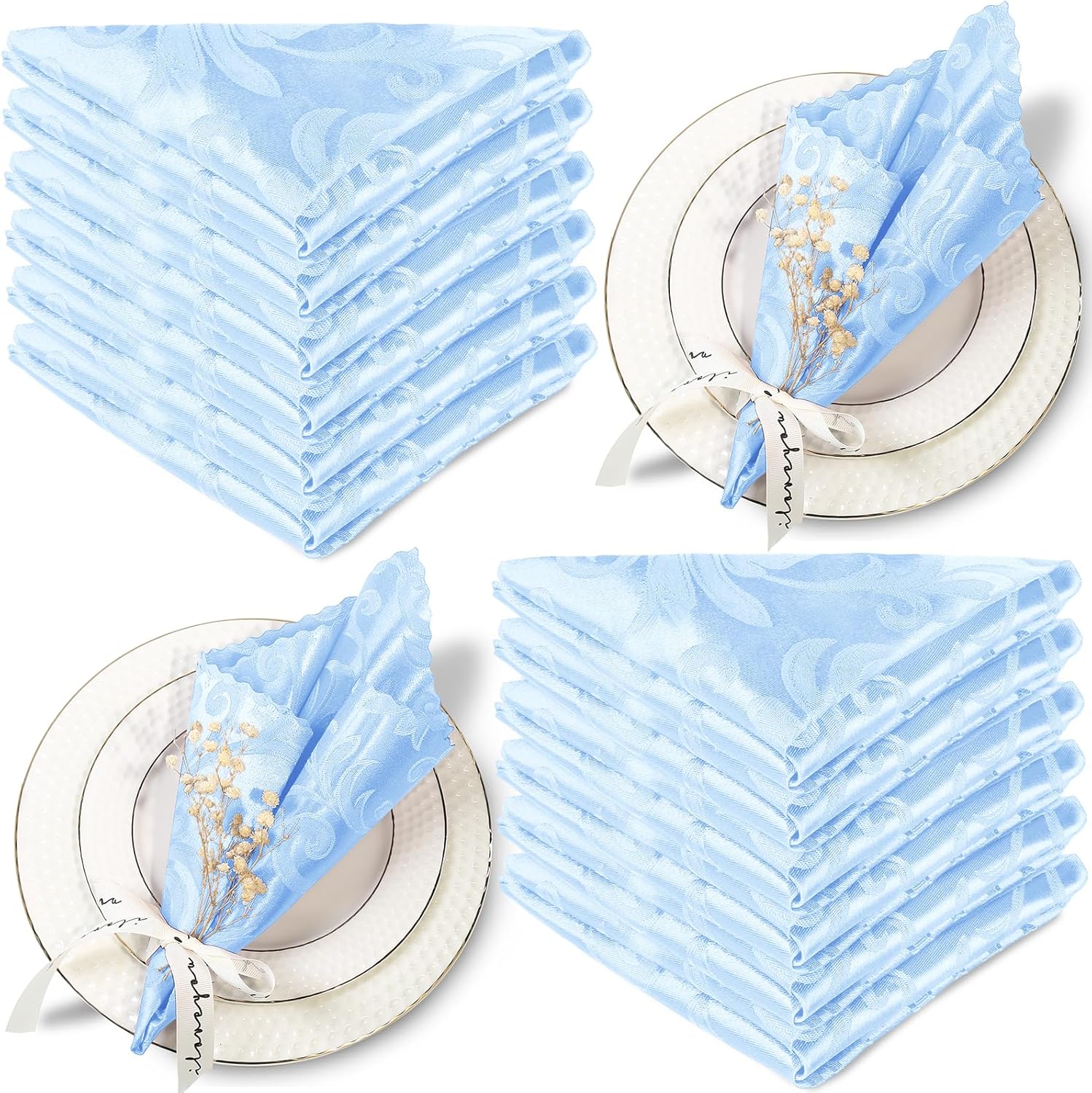 Aormenzy 50 Pack Baby Blue Napkins 17 x 17 Inches Cloth Napkins Jacquard Napkins Scalloped Silky Napkins Square Brocade Napkins for Wedding,Banquet,Party Decoration