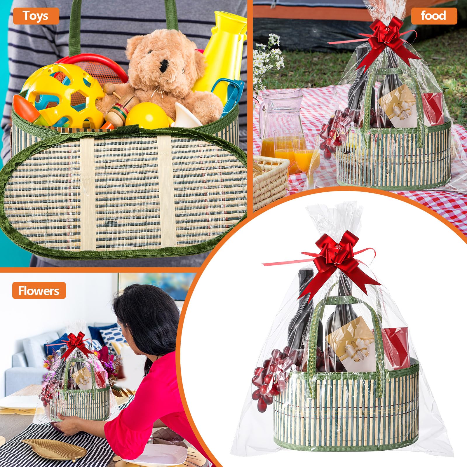 Tioncy Set di 6 cesti regalo vuoti grandi in bambù intrecciato, kit con manici, cesti in cellophane trasparente per baby shower, feste di compleanno, sacchetti regalo per biglietti (verde)