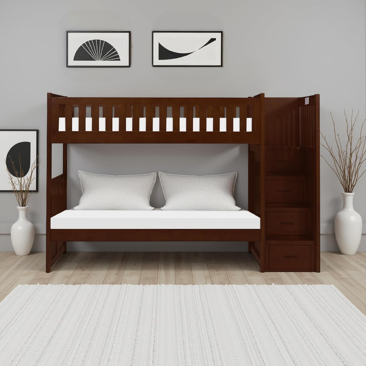 Benzara Catherine Bunk Bed with mattresses and bedding
