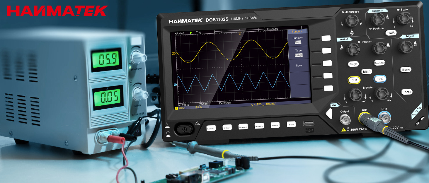 Image of HANMATEK 2 in1 Digital Storage Oscilloscope with Built-in Waveform Generator, 110MHz Bandwidth, 2 x 500MSa /s Sampling Rate, Dual-Channel DOS1102S