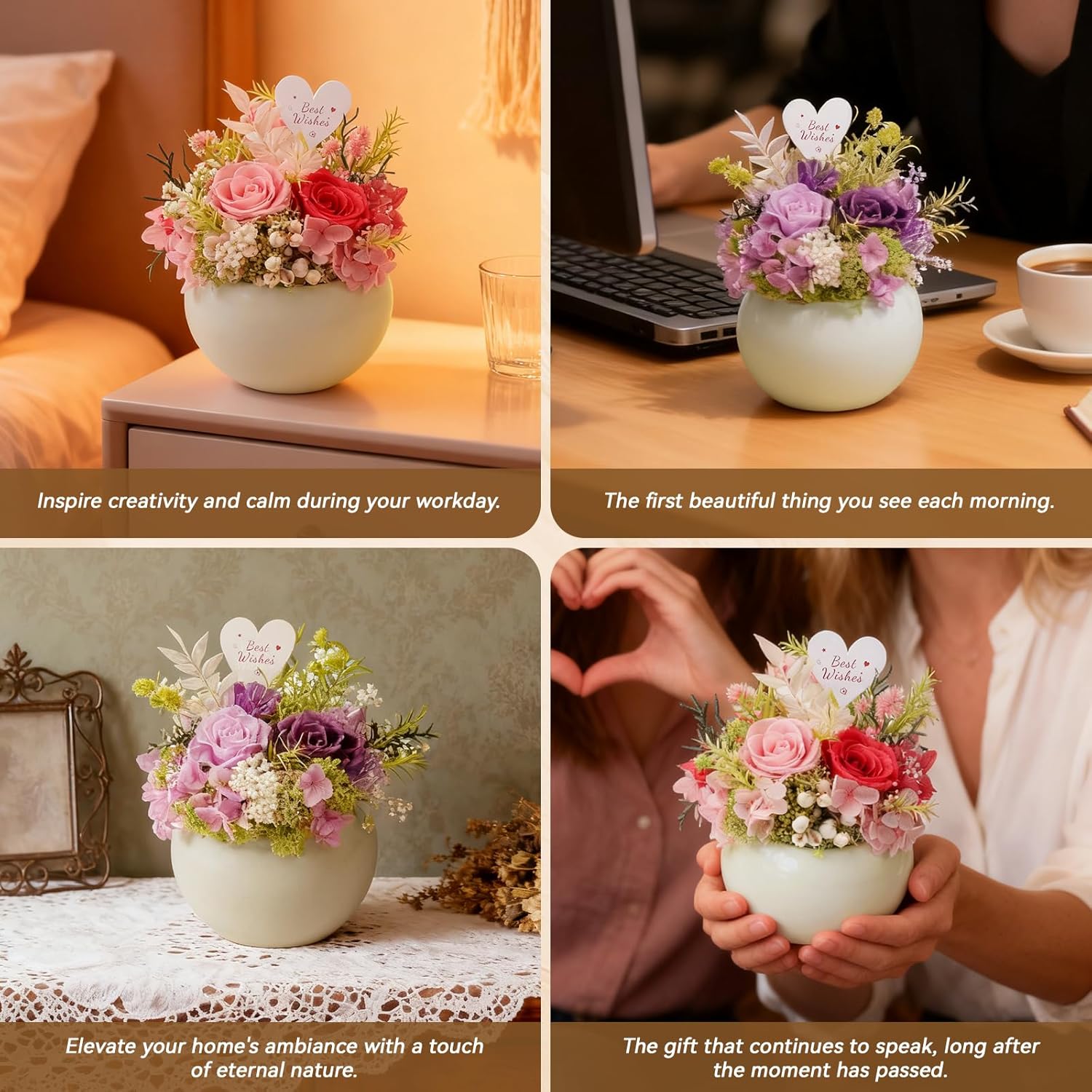 Preserved Flowers Arrangement in mini Ceramic vase Real Touch Forever Roses Gifts for Women (Pink) - Image 6