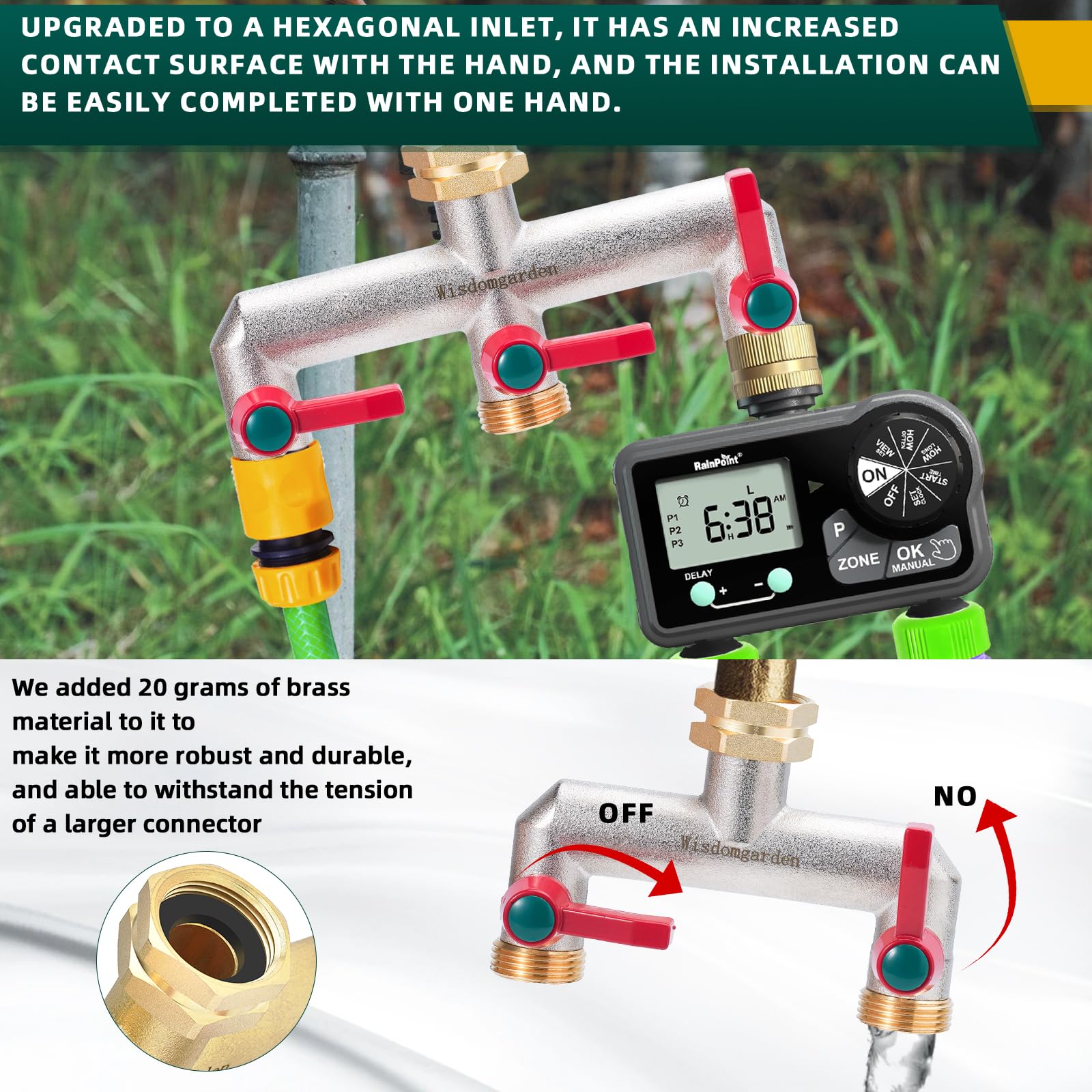 Splitter per tubo da giardino in Ottone nichelato, splitter per rubinetto a 5 vie da 3/4"&1/2", Ingresso acqua esagonale aggiornato, più robusto e duraturo,lo splitter per rubinetto