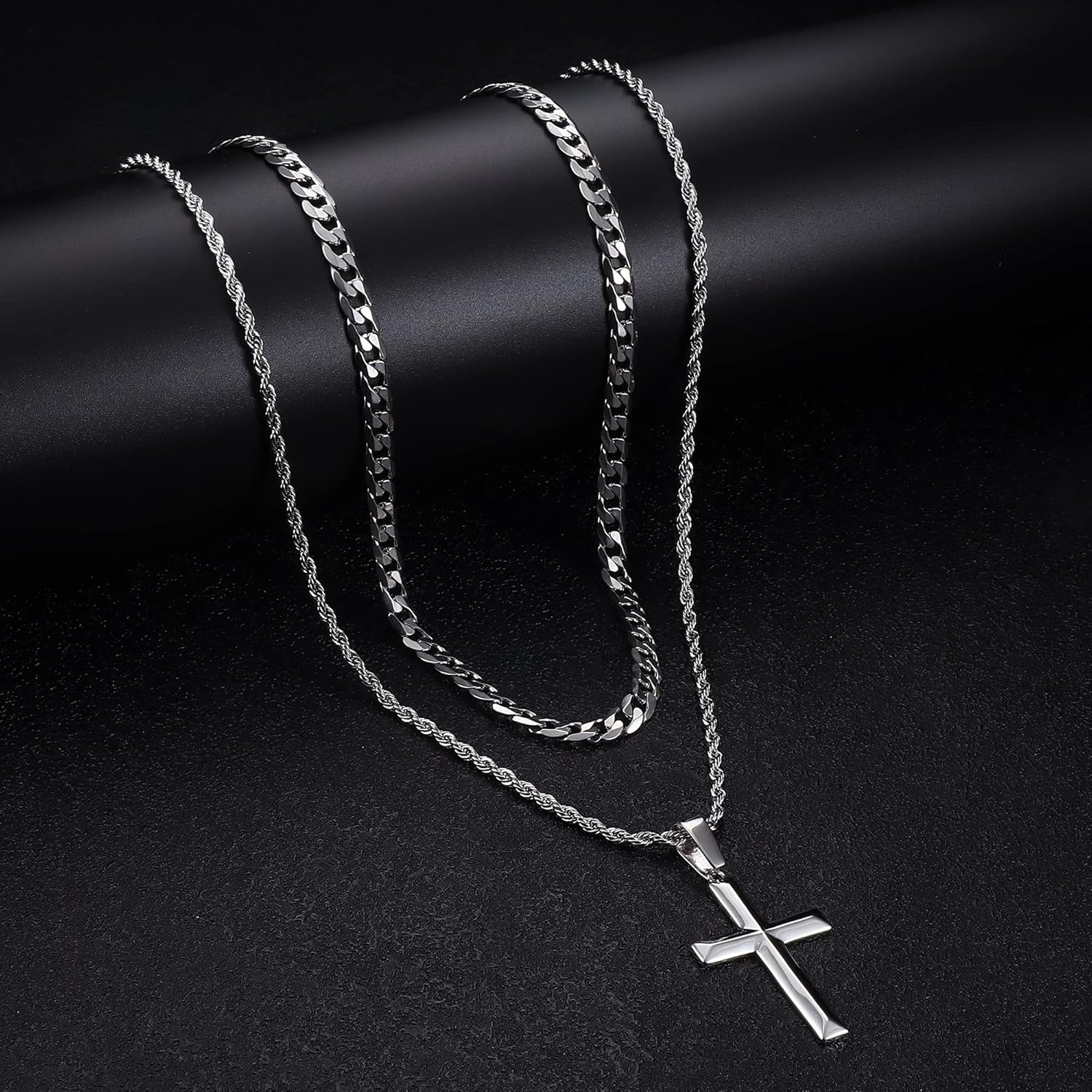 IRONBOX 925 Sterling Silver Cross Necklace for Men Women Stainless Steel Diamond Cut Durable 5MM Cuban Link Chain and 2.5MM Rope Chain Beveled Edge Crucifix Pendant Necklace Jewelry 16-30 Inches - Image 4