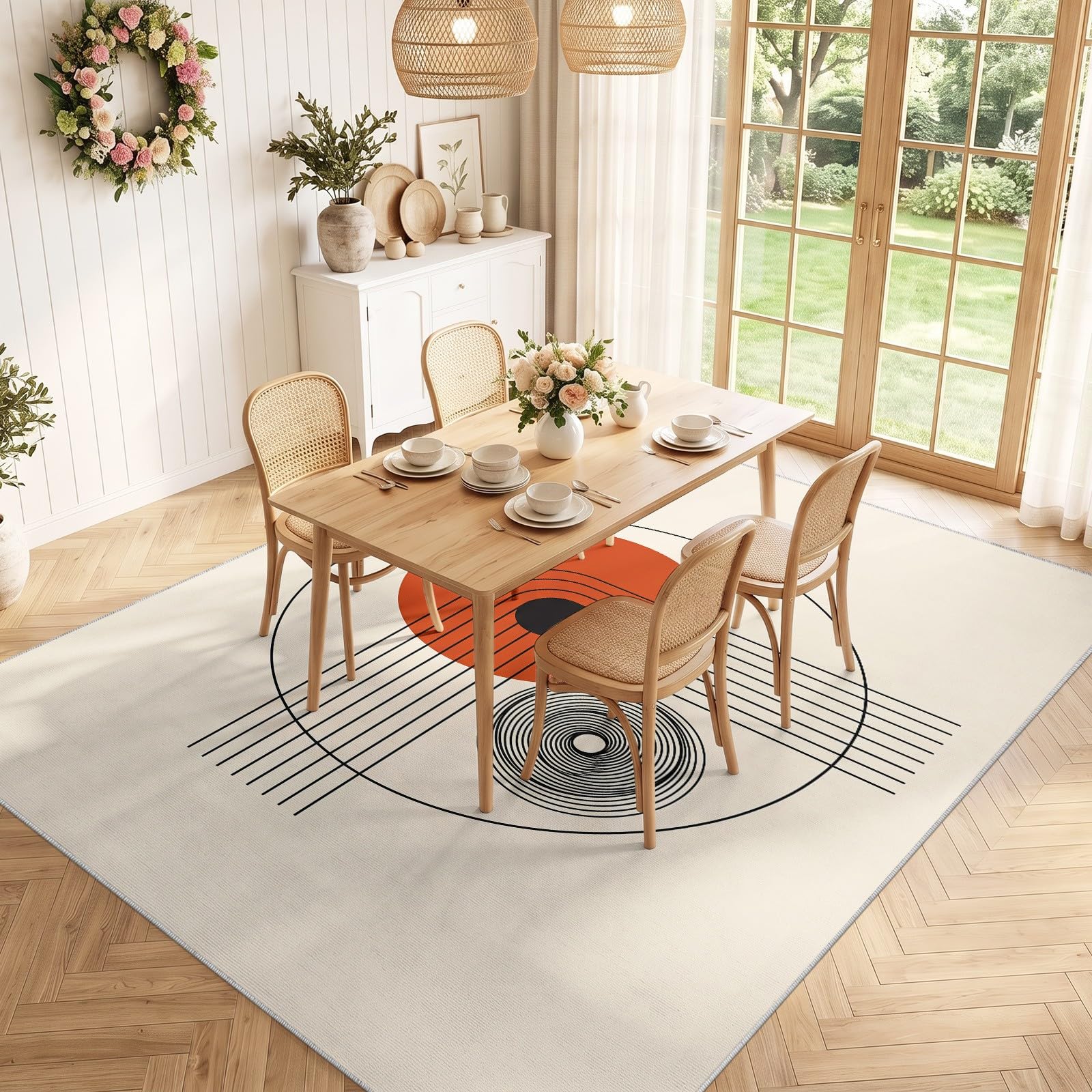 Minimalistisch Geometrisch Teppich, Boho Kreis Linie-Waschbarer Kurzflorteppich, Antirutschunterlage, Bodenteppich für Wohnzimmer Schlafzimmer Küche Esszimmer, 60 x 120 cm Beige