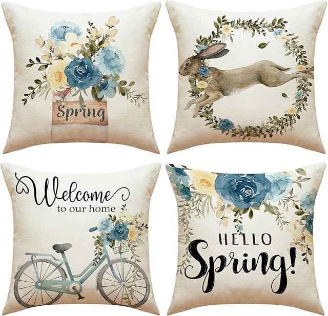 YMQIANYU Spring Decorative Cushion Covers - Set of 4 Flower Print Linen Square Throw Lumbar Pillow Cases - 45 x 45 cm Sofa Couch Bed Chair Outdoor Pillowcase for Living Room Bedroom Garden