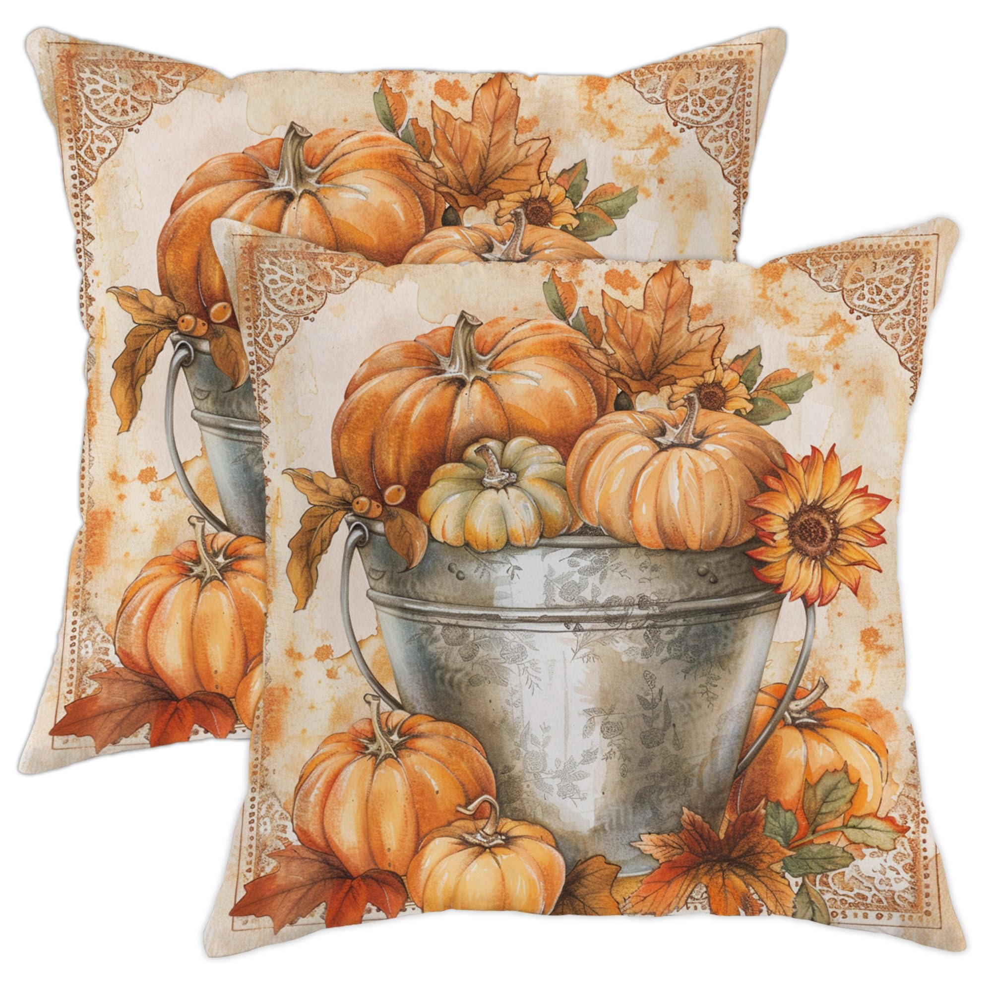 Fall Pumpkin Throw Pillow Covers, Set Of 2, 20x20 Inch - Orange Pumpkins & Eucalyptus Leaves 5 thumbnail image