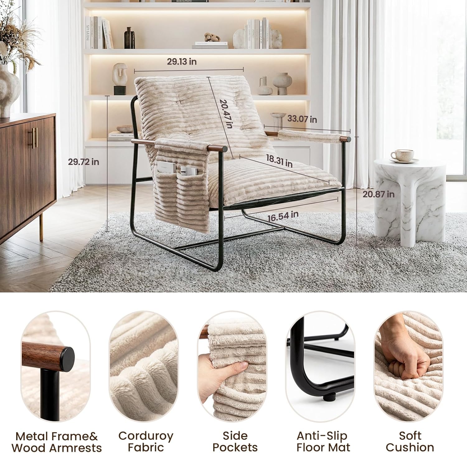 Comfy Accent Chair Modern Living Room Chair Cozy Lounge Chairs Oversized Armchair With Wood Armrests Sturdy Metal Frame Upholstered Reading Chair Soft Cushion sofa Chairs For Bedroom Balcony Porch