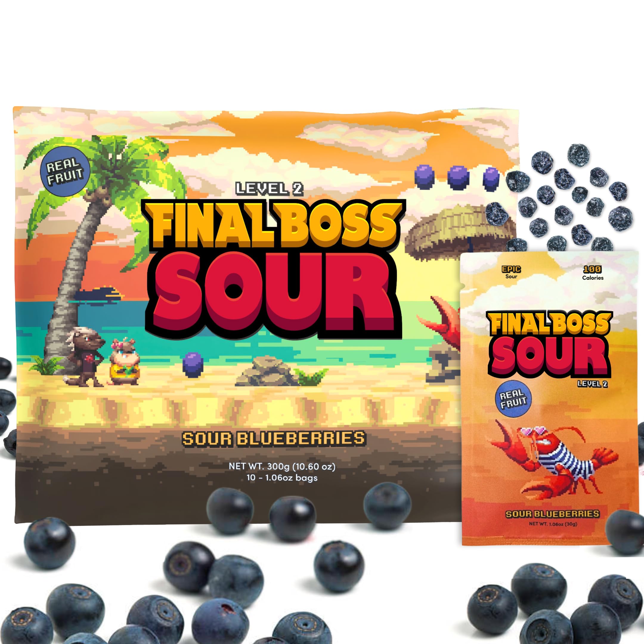 Final Boss Halloween Sour Candy, Sour Blueberries, 10 Pack, Level 2, Fruit Chews with Real Dried Fruit, No Artificial Colors or Flavors, Low Calorie Snack for Kids, Teens, Adults, Lunch Boxes