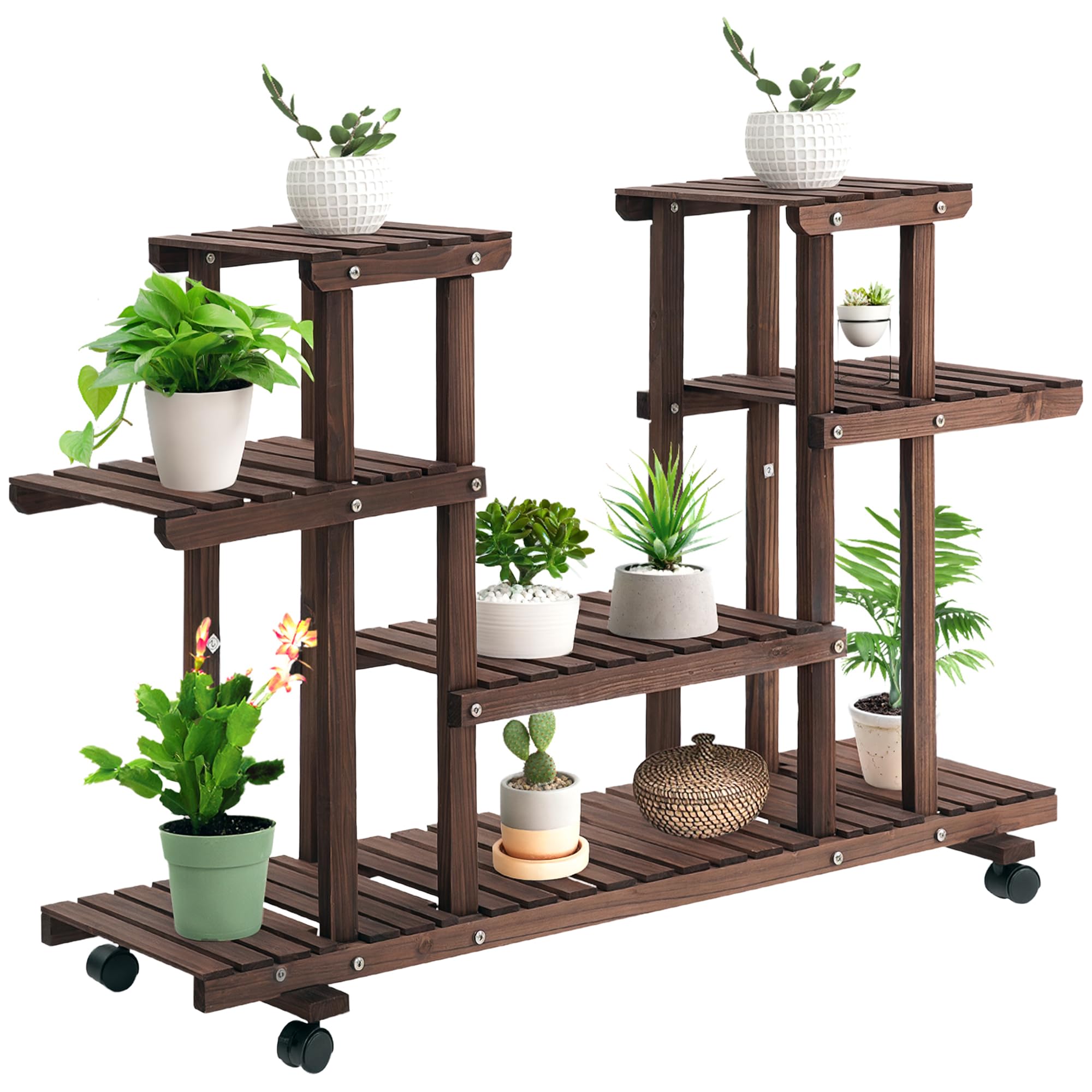 Outsunny Étagère à fleurs 6 niveaux en bois massif couleur carbonisée | Support de Plantes, 8 à 10 Plantes en Pot, Roulettes Multidirectionnelles, pour Intérieur et Extérieur