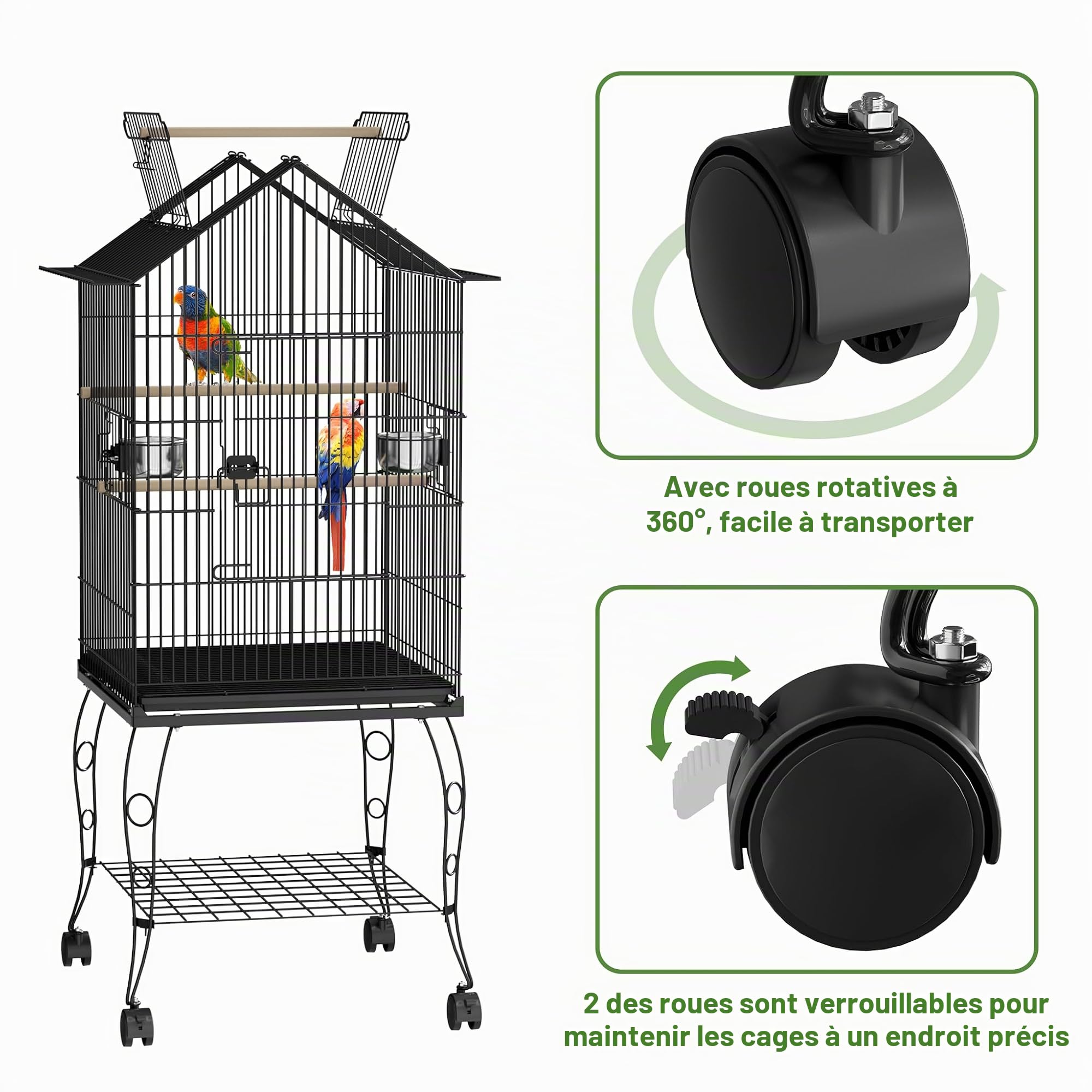 UISEBRT Cage à oiseaux avec support et roues - Grande volière en métal pour finches, canaris, perruches Noir (Type B, 55x55x145cm)