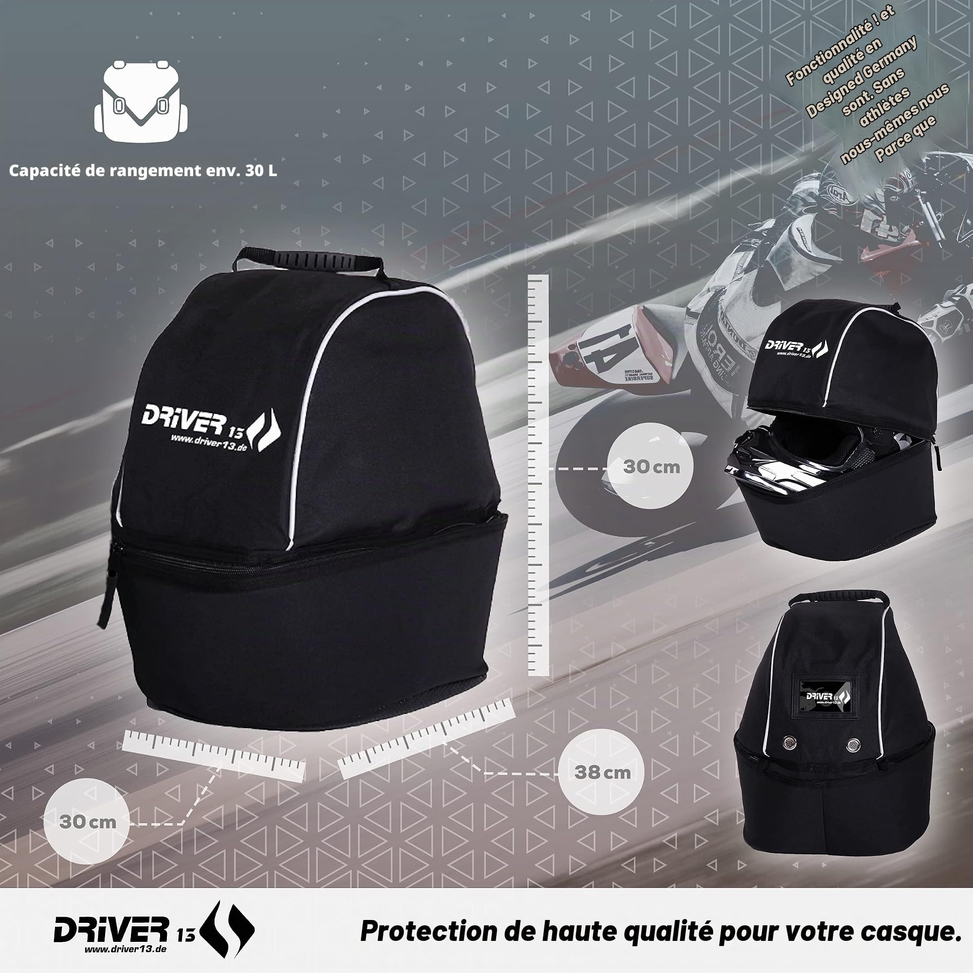 Driver13 Sac à Casque XL pour Casque Moto et Casque Motocross, rembourré, avec Ventilation et Poche intérieure pour visière de Rechange, Noir, 38 x 30 x 30 cm