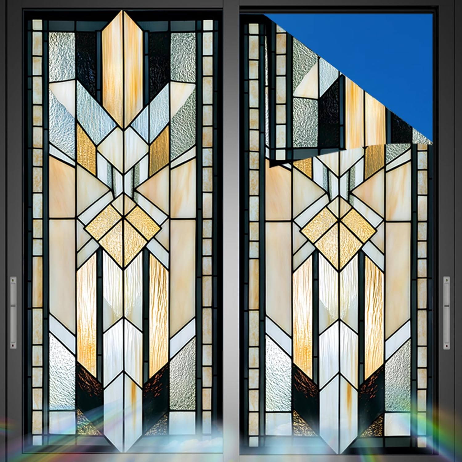 Nuxovilar Geometric Stained Glass Window Film, 17.7×39.4inch, Art Deco - Style Pattern Static Cling for Home & Decor (Sparkle)