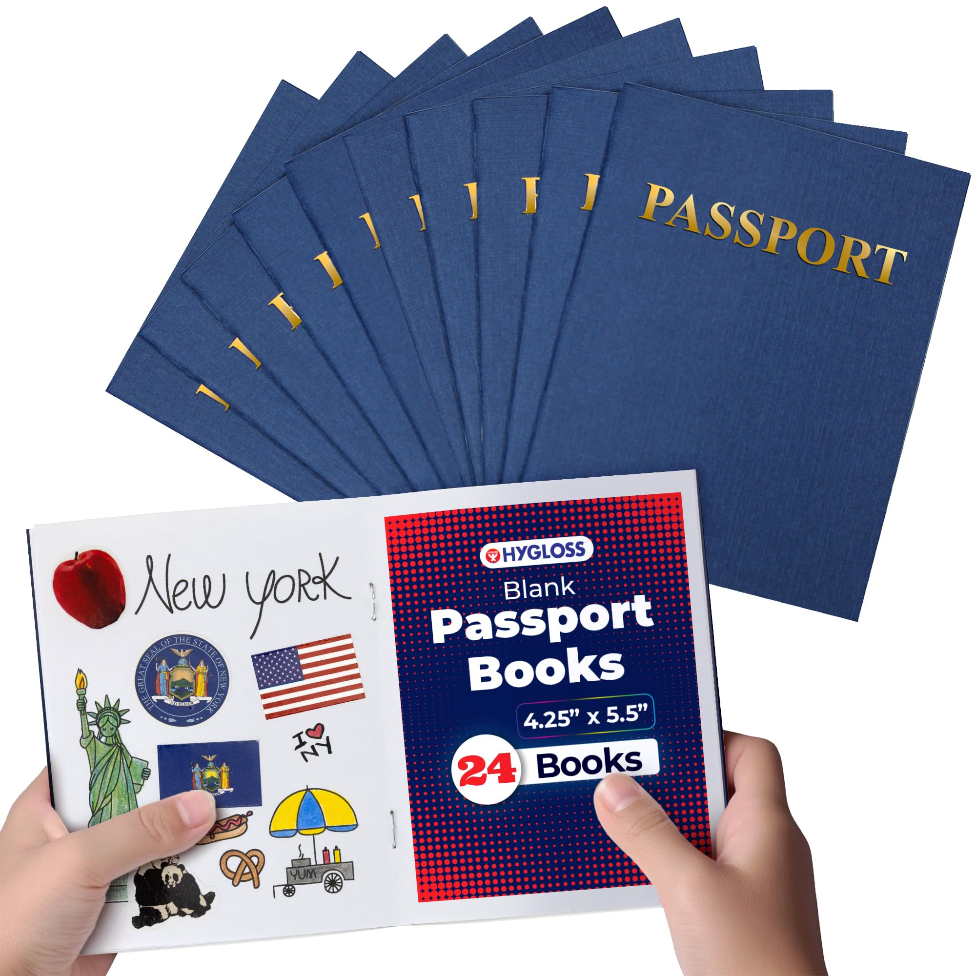 Hygloss Fake Passport Book – Bulk 24 Pack – 4.2" x 5.5" Blue Realistic Blank Passports for Kids, Geography/World Classroom Decor, Travel Party Decorations – 24 Blank Pages