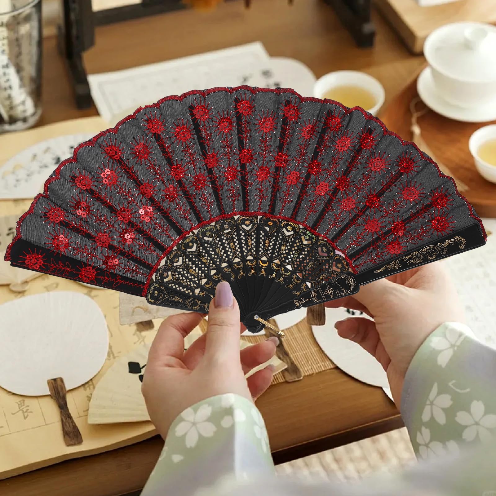 Amosfun 4pcs Folding Hand Fan, Silk Peacock Pattern Sequin Fan with Hollow-Out Handle - Image 2