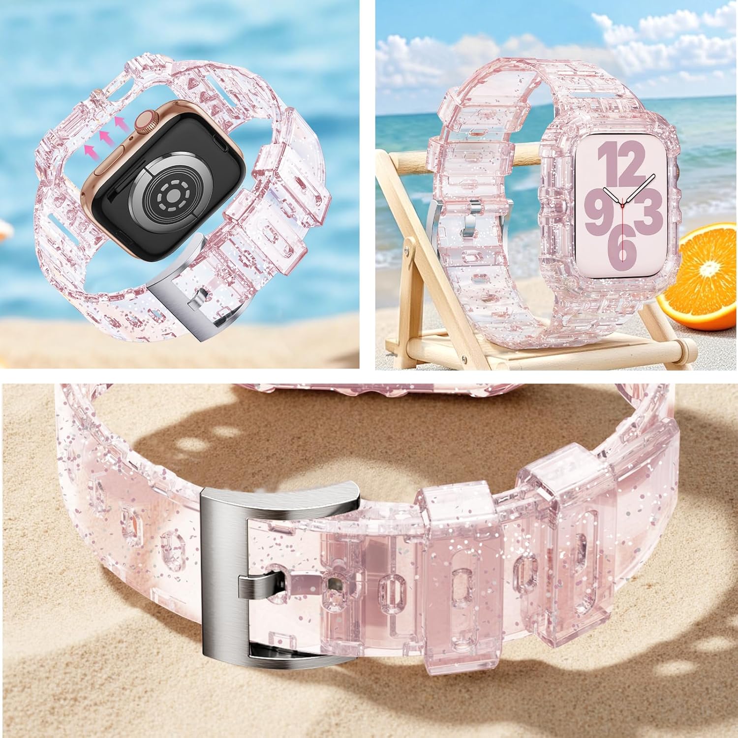 ANCOOL Compatible with Apple Watch Clear Band 45mm 44mm 42mm for Women Men, Crystal Bands with Bumper Case for iWatch Series 9 8 7 SE 6 5 4 3 2 1, Glitter Clear+Glitter Pink - Image 6