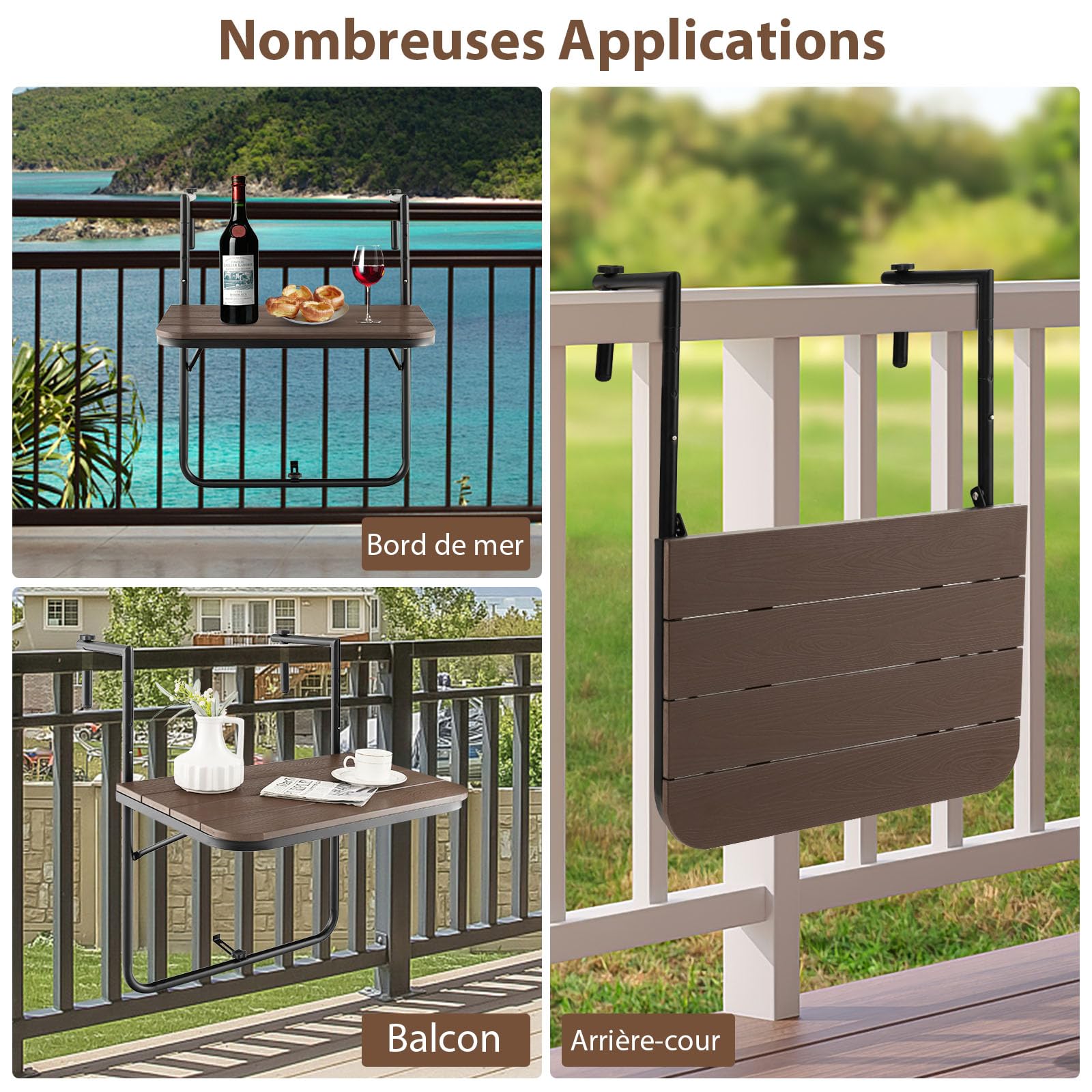 GOPLUS Table de Balcon Suspendue Pliable, Réglable Hauteur, Résistante aux Intempéries, Table Suspendue de Balcon jusqu'à 30 kg, 60×62,5×84 cm (Café)