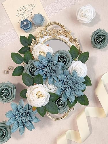 Vista 193 de White Rose Artificial Flowers Fake Flower Bulk with Stems for DIY Wedding Bouquet Bridal Baby Shower Centerpiece Table Decorations Silk Faux Floral